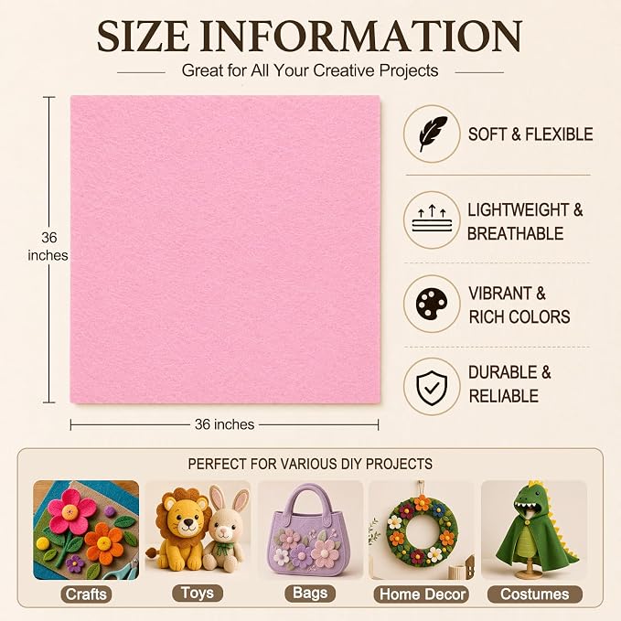 Baby Pink Large Felt Fabric 36" x 36", 1.4 mm Soft Felt Sheet, Nonwoven Fabric