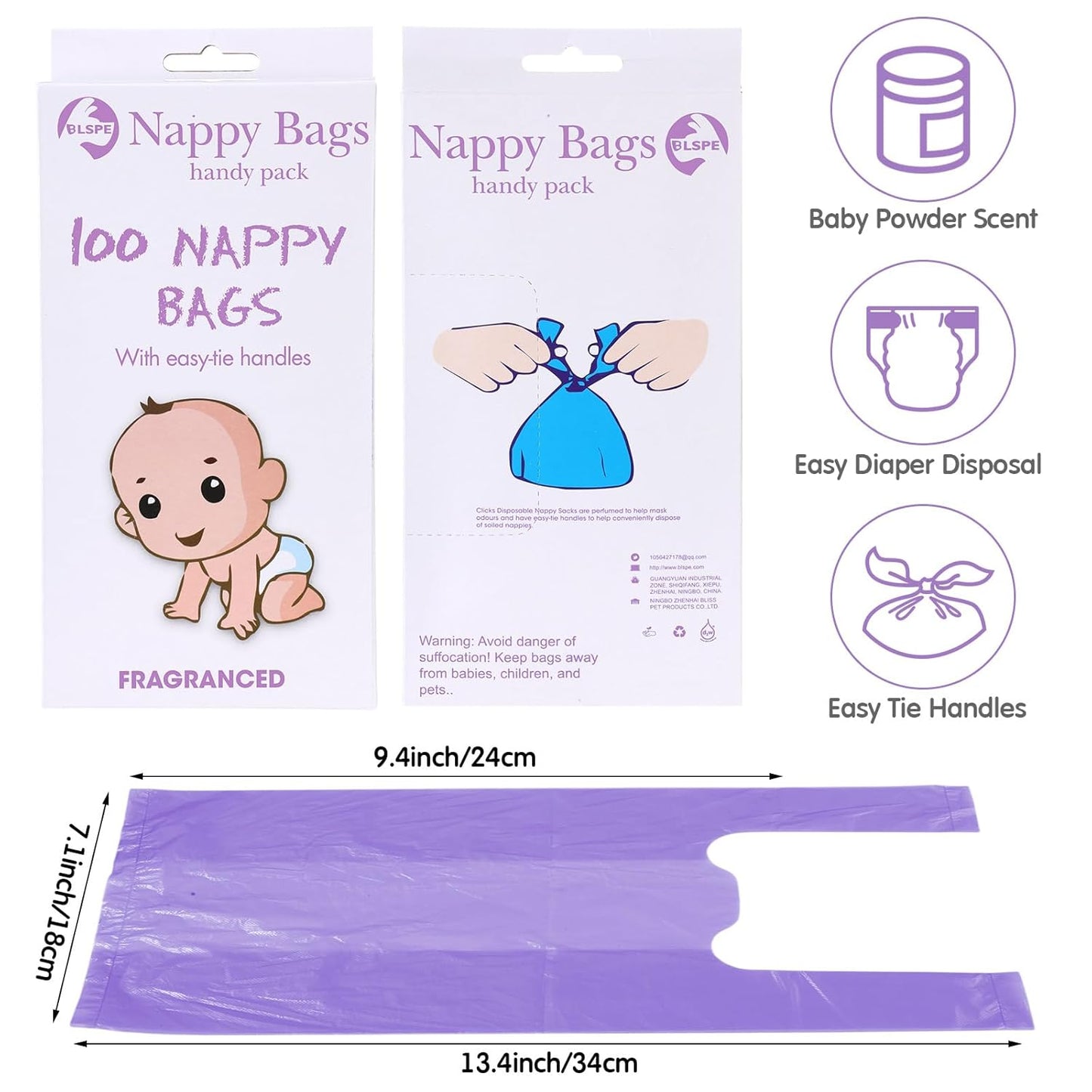 Honoson 1200 Count Baby Disposable Diaper Bags Scented Diaper Sacks with Tie Handle Disposal Baby Poop Trash Bags Waste Sacks Refill (Purple)