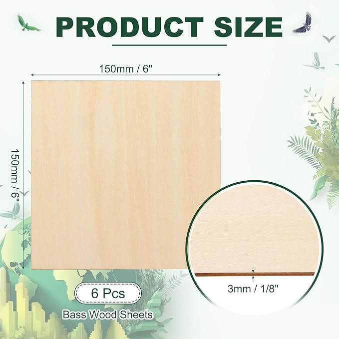HARFINGTON 6pcs 3mm Basswood Plywood Sheets 6" x 6" x 1/8" Thin Unfinished