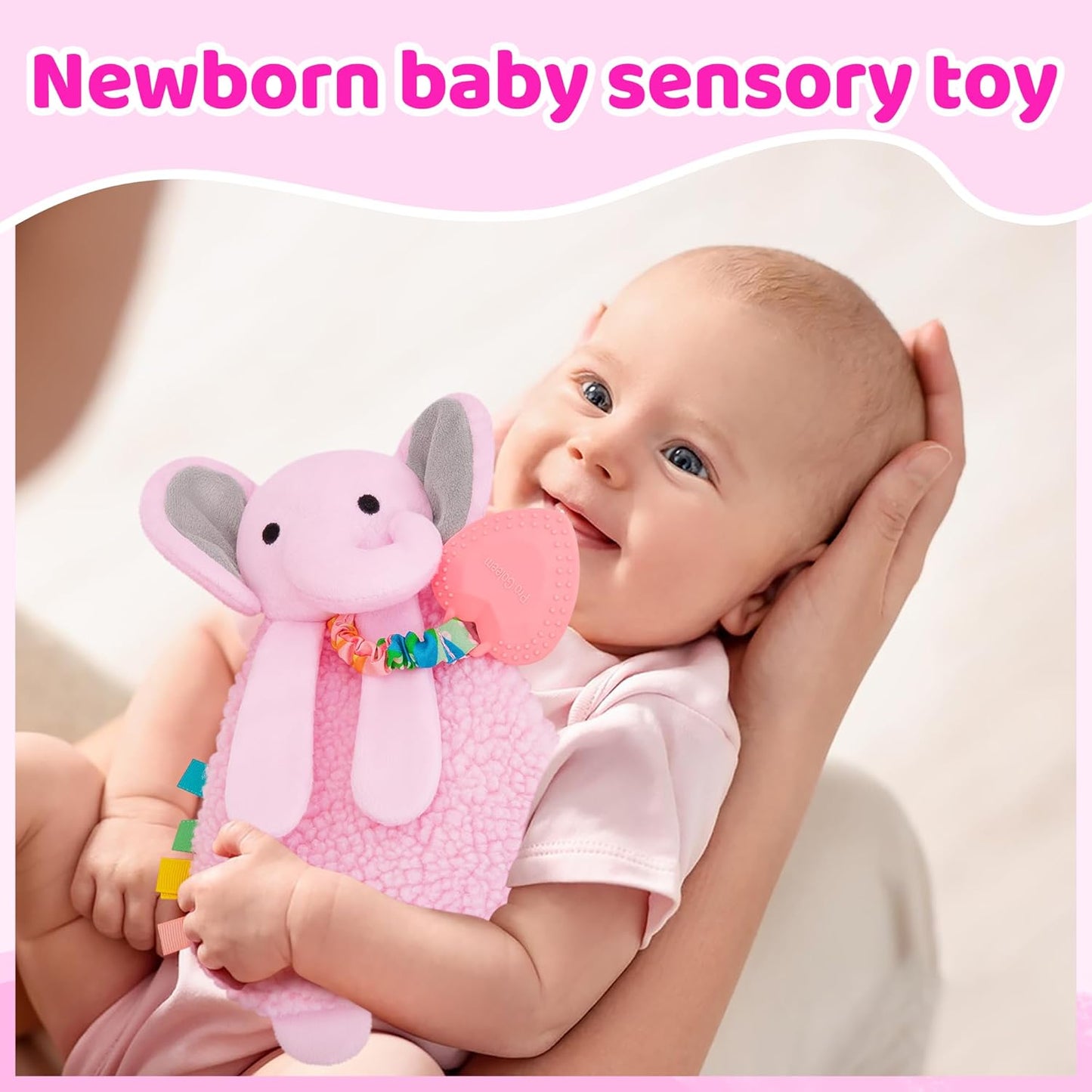 Pro Goleem Pink Elephant Loveys for Babies Girl and Boy, Baby Lovey with Teether, Baby Toys 0 3 6 9 12 Months, Safety Teething Toys for Babies Infant Newborn and Toddler