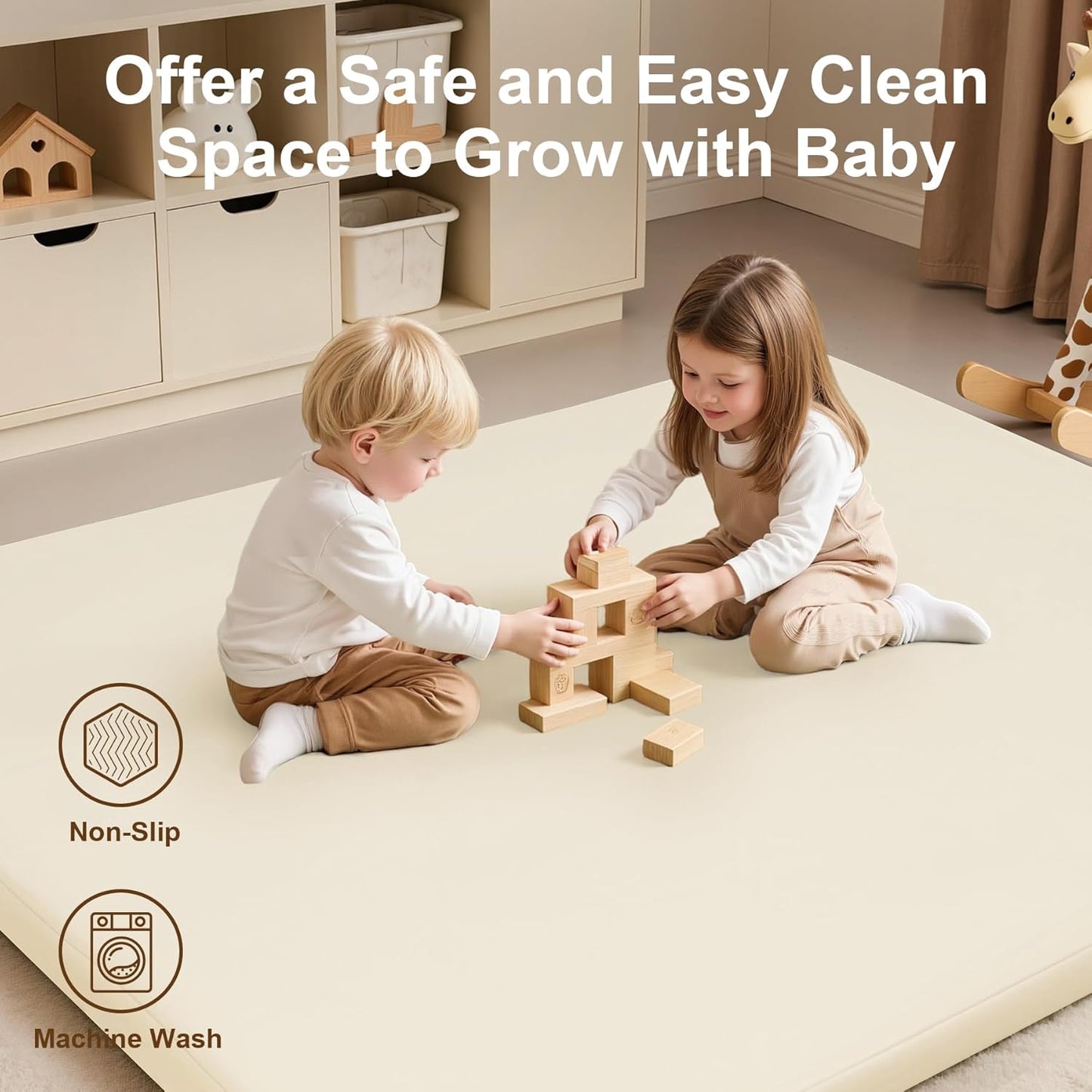 Baby Play Mat for Floor,50x50 Playpen Mat,Non-Slip Leather&Thick Foam Floor Cushion,Removable Waterproof Cover,Easy Care for Baby Crawling,Toddler,Kids,Tummy Time（Beige)