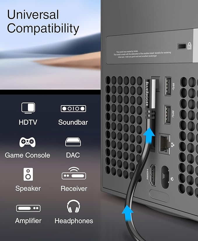 BlueRigger Optical Audio Toslink Cable - 3FT (90 Degrees Optical Cable for Soundbar, 360 Degree Rotatable Right Angle, S/PDIF Digital Toslink) - Fiber Optic Compatible with HDTV, Game Console, DVR