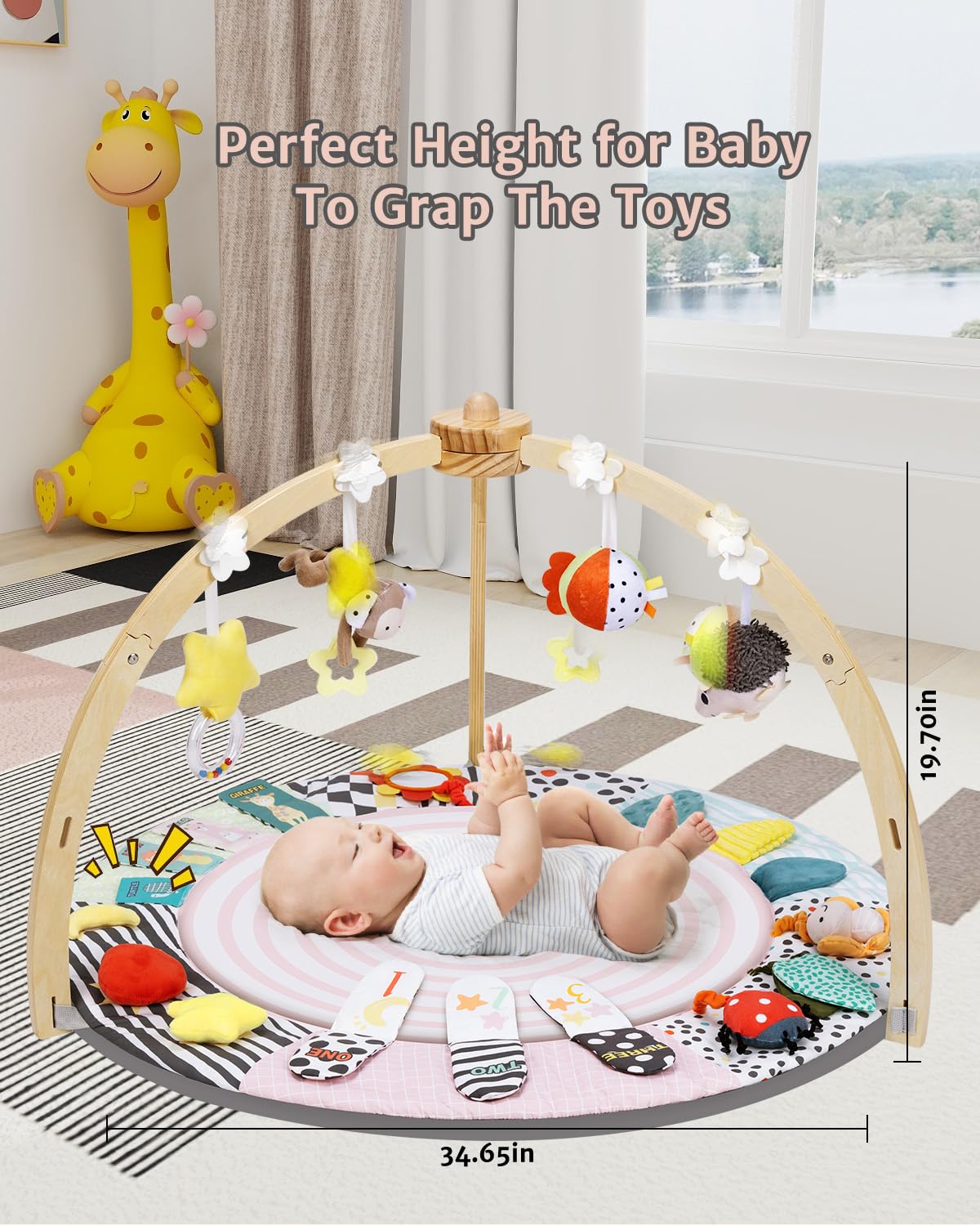 Baby Play Mat Activity Gym,6 Developmental Zones Tummy Time Mat, Wooden Baby Play Gym with 7 Detachable Sensory Toys for Newborn Brain Development, Essential Baby Shower Set, Pink