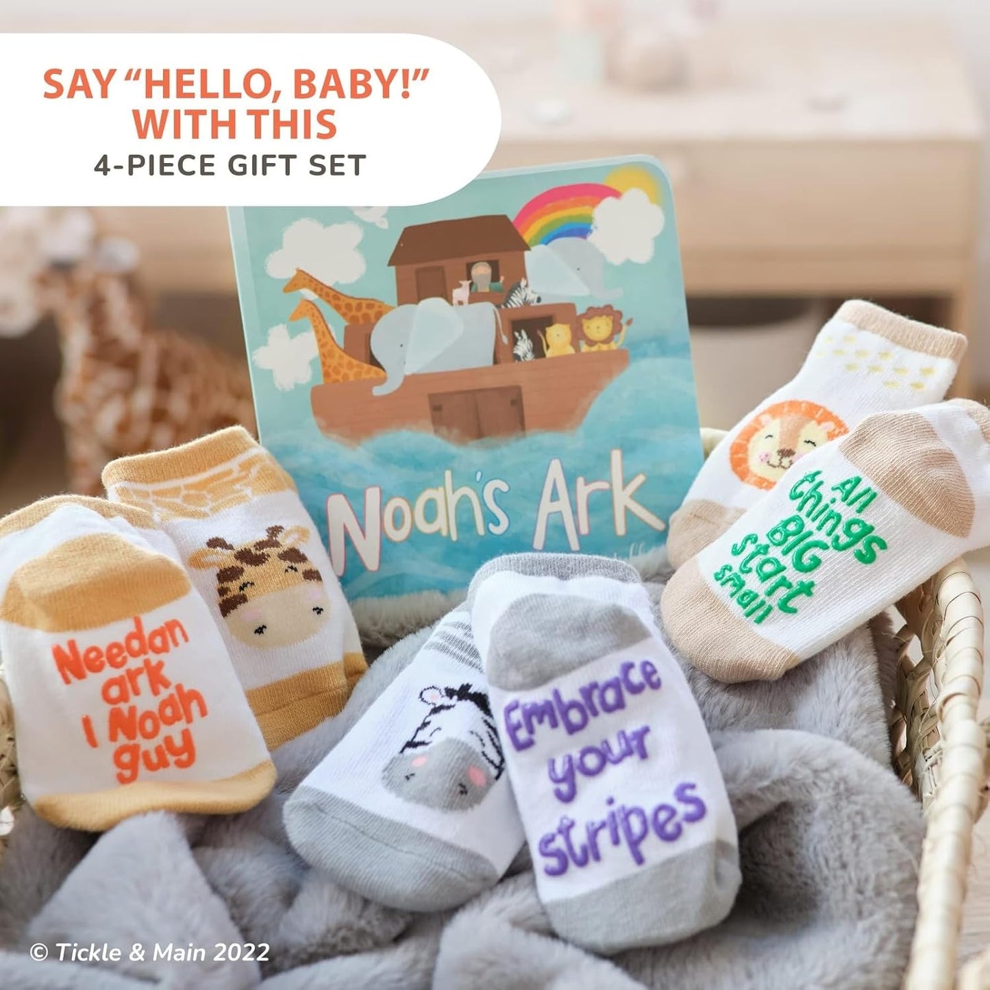 Tickle & Main Noah's Ark Baptism Gifts for Boys Book & Sock Set - 0-12 Months, 4-Piece - Baptism Essentials & Storybook Combo