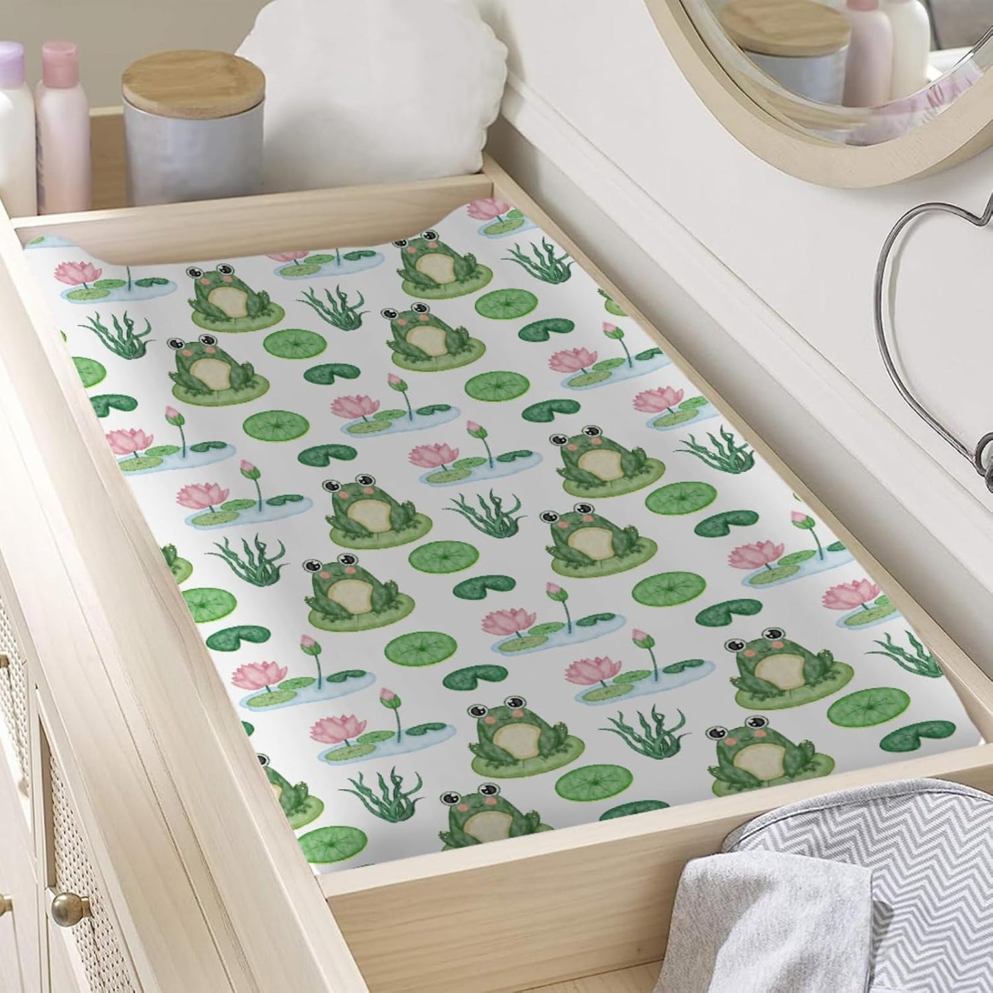 Cartoon Frogs Flower Leaves Pond Changing Pad Covers Water Lilies Lake Diaper Changing Table Sheets for Girl Boy Soft Breathable Stretchy Fitted Baby Changing Table Pad Mats Covers 32''x16''