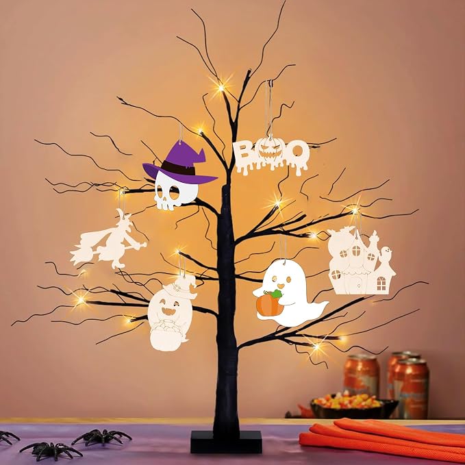 24 PCS Unfinished Wooden Halloween Crafts, Pumpkin Ghost Shaped Hanging