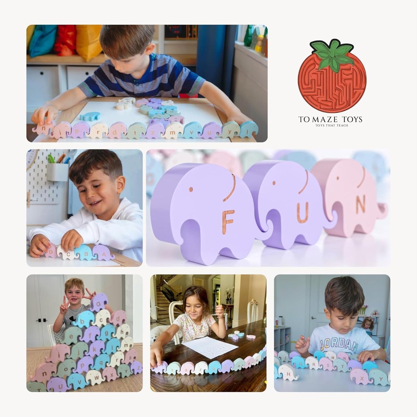 Montessori Natural Wooden Alphabet Elephants - 26-Piece Snap-Together ABC Learning Toy with Upper & Lowercase Letters - Educational Fine Motor Skills & Vocabulary Building for Toddlers & Kids Ages 3+