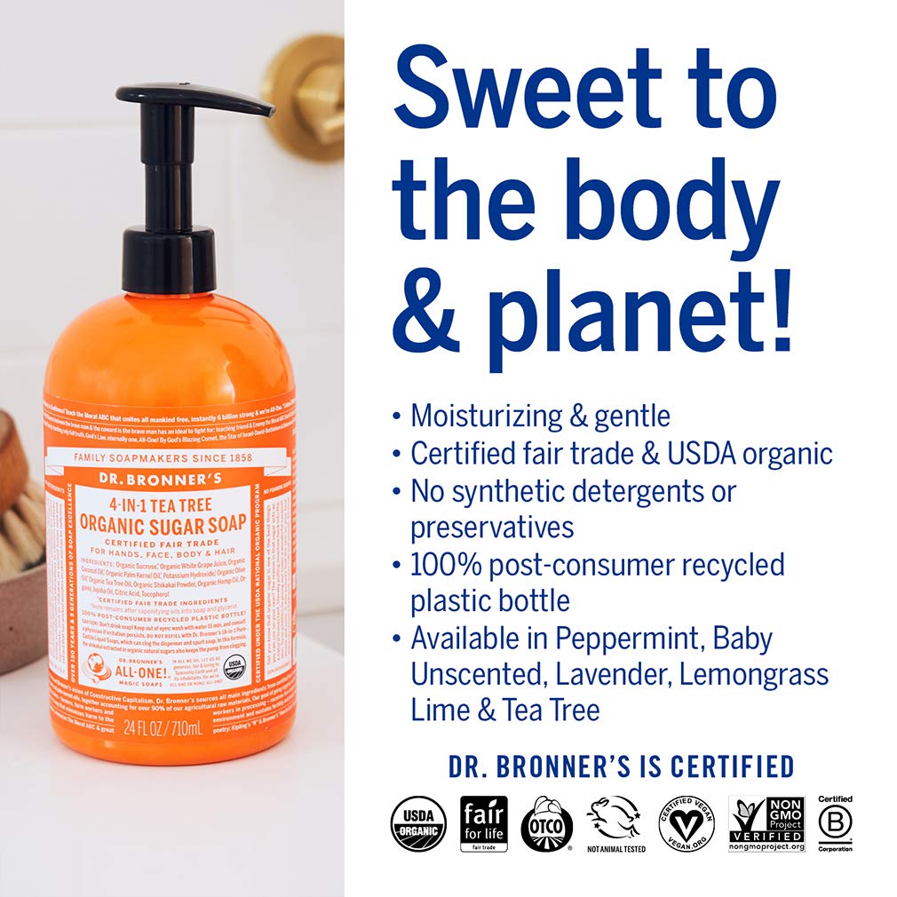 Dr. Bronner's - Organic Sugar Soap (Tea Tree, 64 Ounce) - Made with Organic Oils, Sugar and Shikakai Powder, 4-in-1 Uses: Hands, Body, Face and Hair, Cleanses, Moisturizes and Nourishes, Vegan