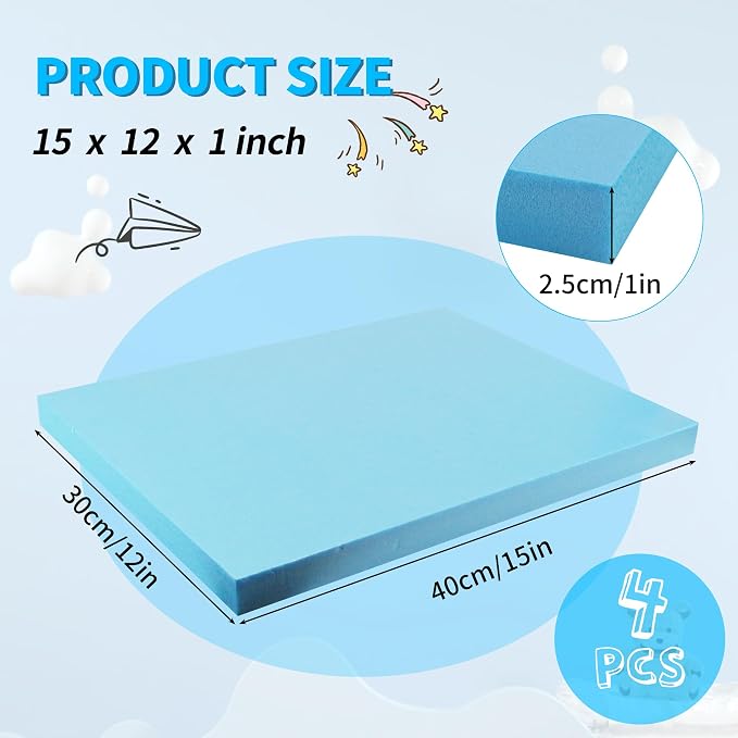 LuckyFoam Blue 4 Pack 15x12x1 inch Foam Sheets 1 Inch Thick | Polystyrene