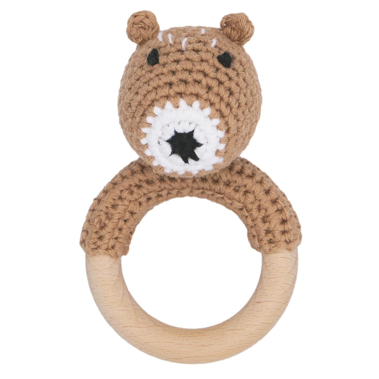 Joliecraft Woodland Friends Baby Rattle Shaker Toy with Wooden Teething Ring for Infants 3 6 9 12 Months Brown Bear