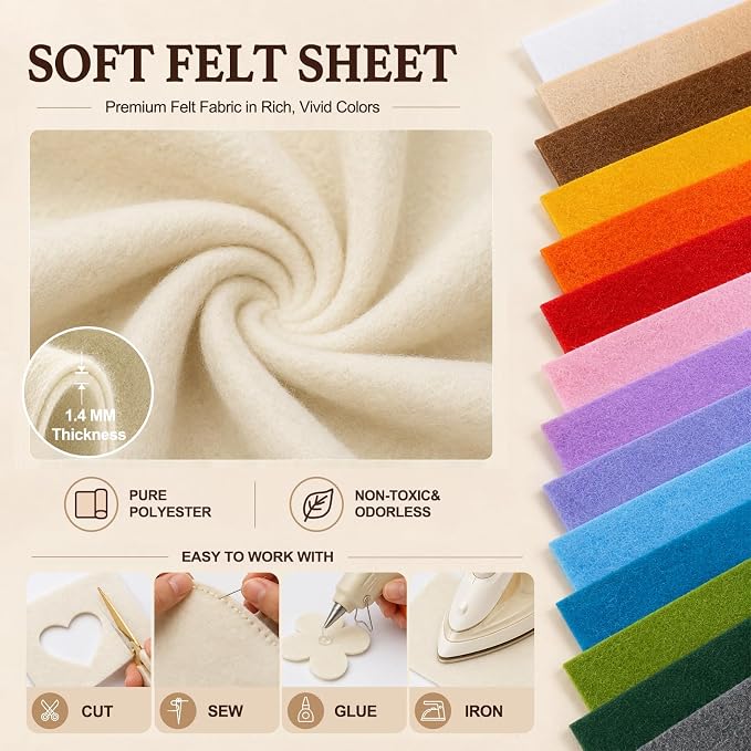 Ivory Large Felt Fabric 36" x 36", 1.4 mm Soft Felt Sheet, Nonwoven Fabric