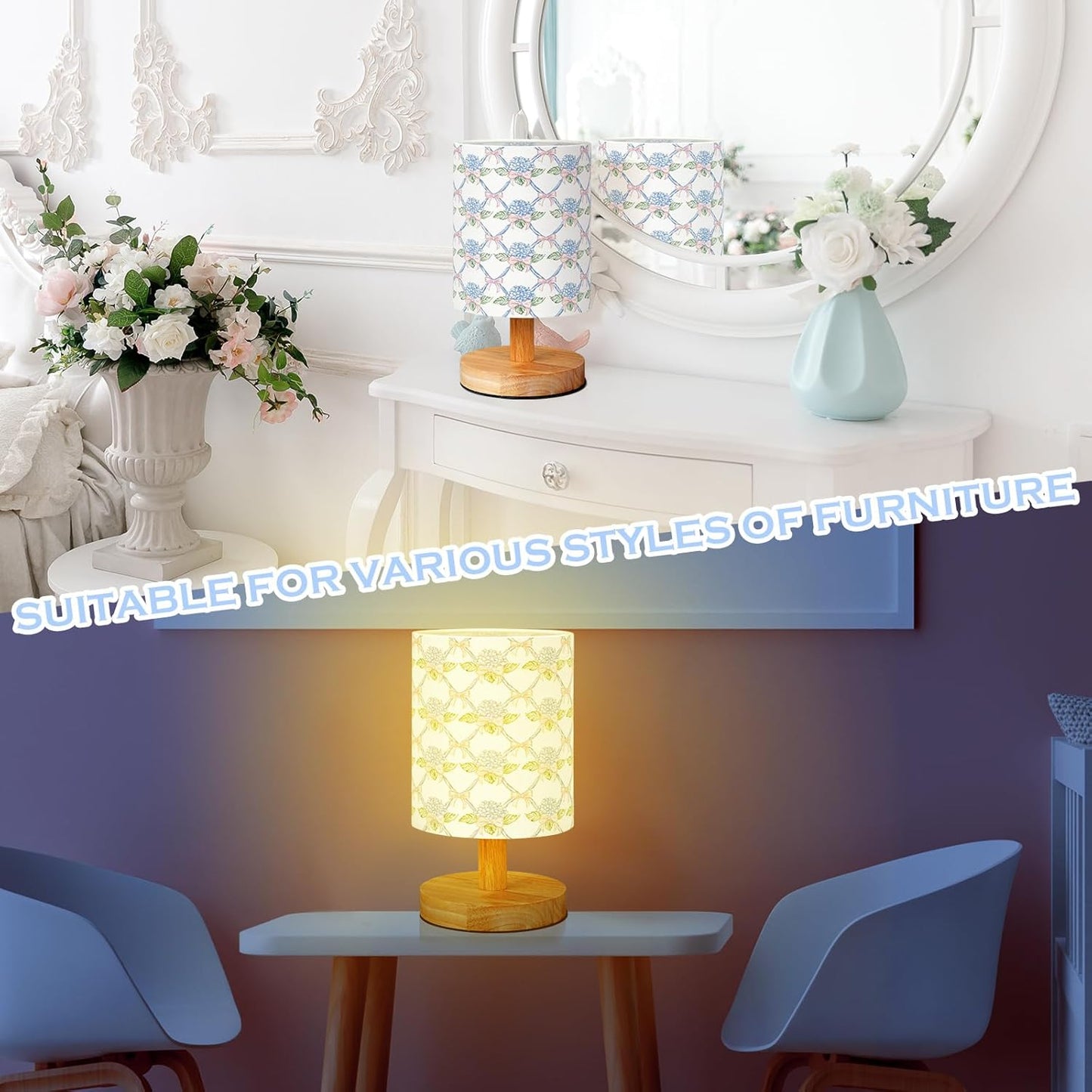 VIHOSE Blue Hydrangea Kids Table Lamp for Bedroom Kids Bedside Lamp with Linen Wooden Nightstand Cartoon Nursery Lampshade for Girls Boys Living Room
