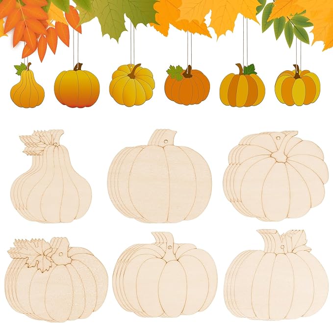 24 PCS Unfinished Wooden Fall Crafts, Pumpkin Shaped Hanging Ornaments DIY Wood