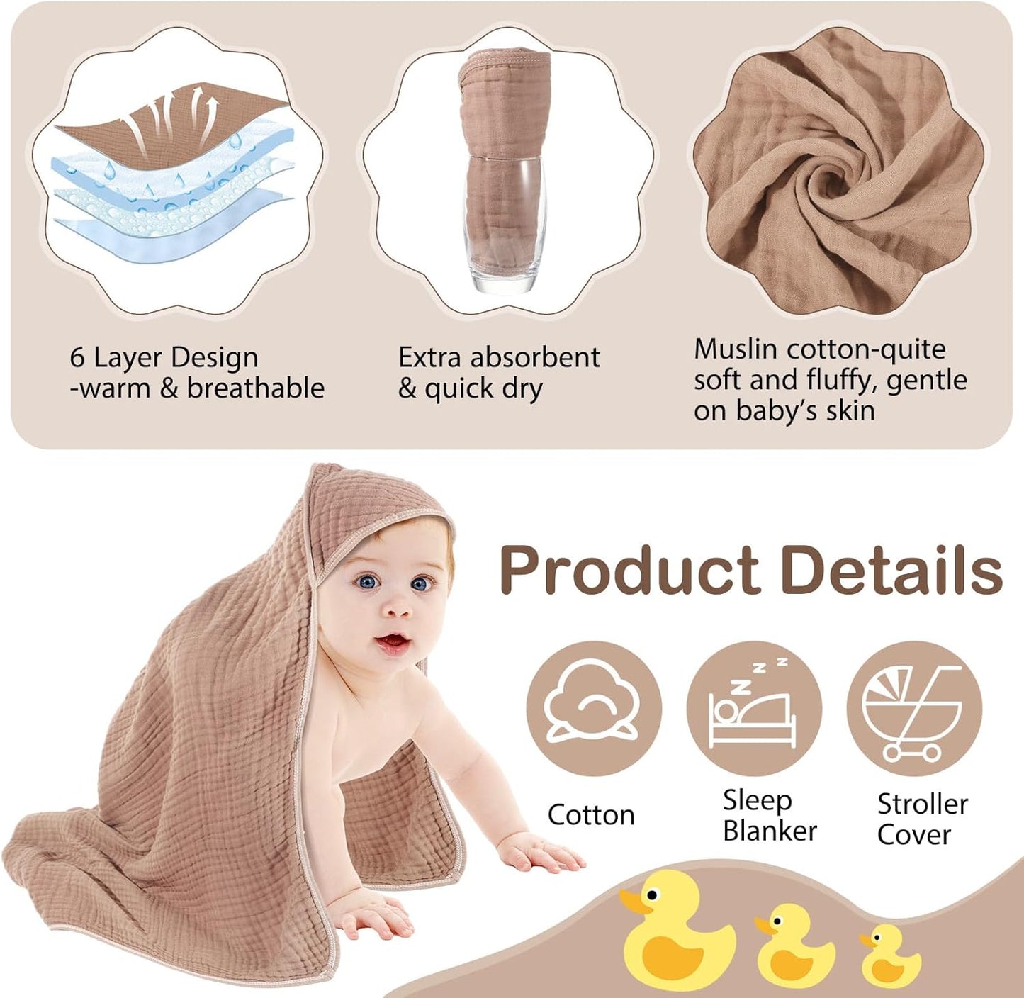 Peryiter 6 Pcs Muslin Hooded Baby Towels, 32"x 32" Cotton Newborn Bath Towel Muslin Infant Baby Blankets Absorbent Unisex Newborn Registry Gift Essentials for Girls Boys (Elegant Color)