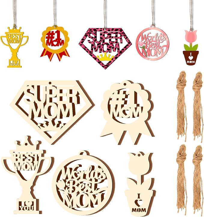 Mom Gift 40Pcs 5 Style Unfinished Wooden Mother's Day Ornaments DIY Craft