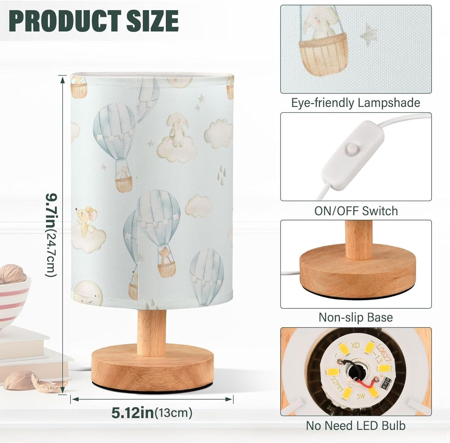 Table Lamp Watercolor Hot Air Balloon Elephant Rabbit Bear Mouse Moon Star Nightstand Lamp with Wood Base Fabric Lamp Shade Bedside Desk Lamp for Living Room Bedroom Kids Room Office