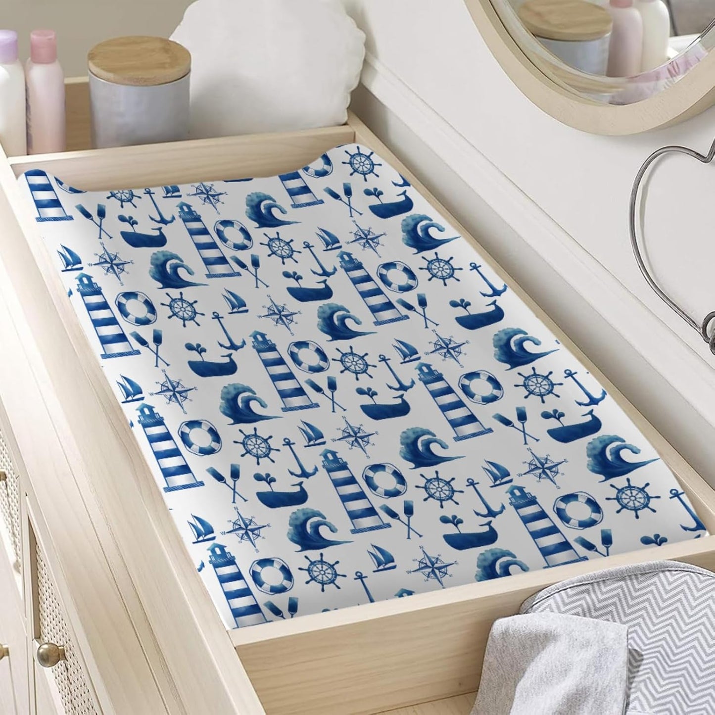 Nautical Life Changing Pad Cover Navy White Lighthouse Compass Anchor Whale Wave Diaper Change Table Cover for Baby Boys Girls Soft Stretch Changing Table Mats Sheets 32''x16''