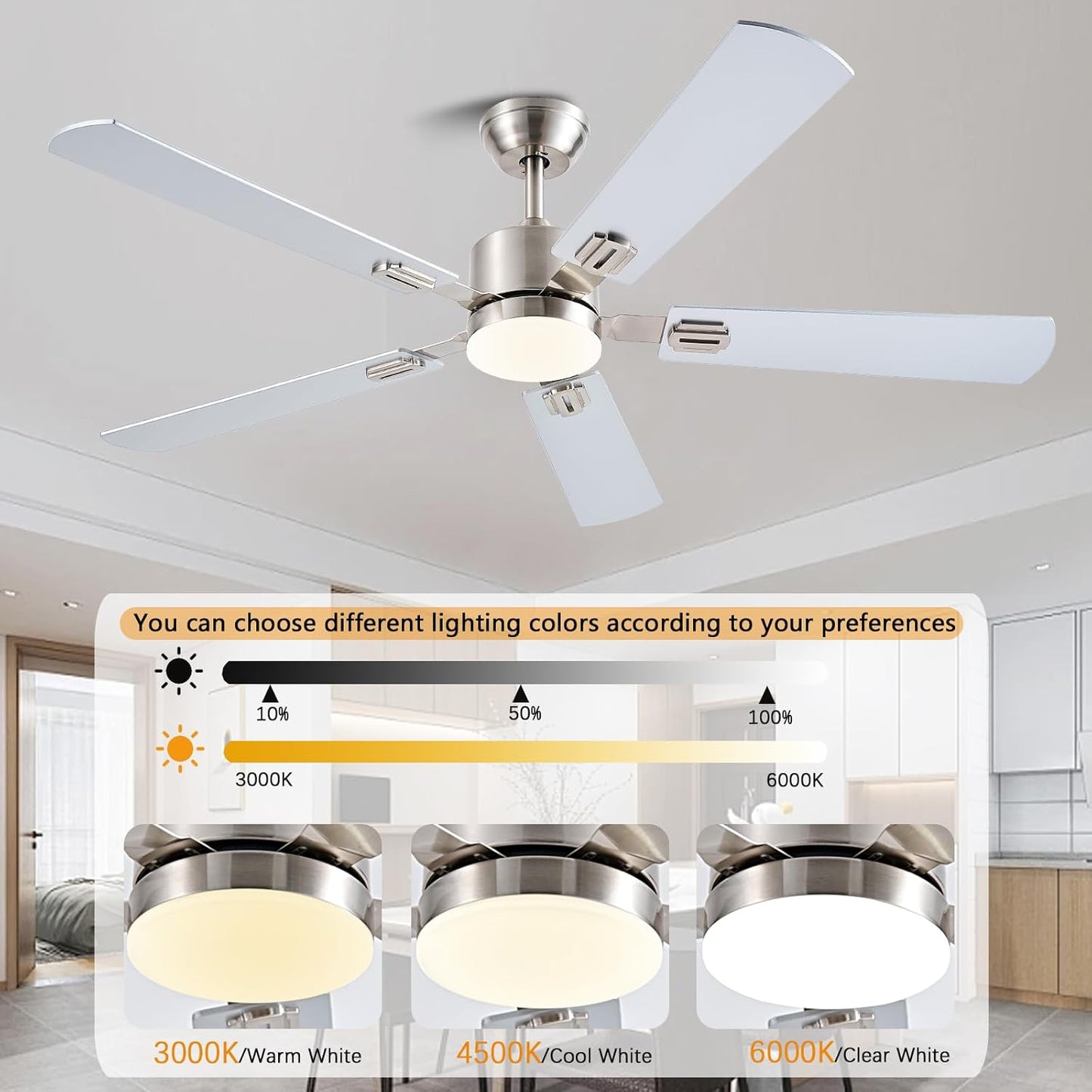 56 inch Ceiling Fans with Lights and Remote/App Control, DC Reversible Motor, Dimmable, Double-Side Blades, 6 Speeds Low Profile Modern Ceiling Fan for Livingroom, Indoor/Outdoor（Nickel）