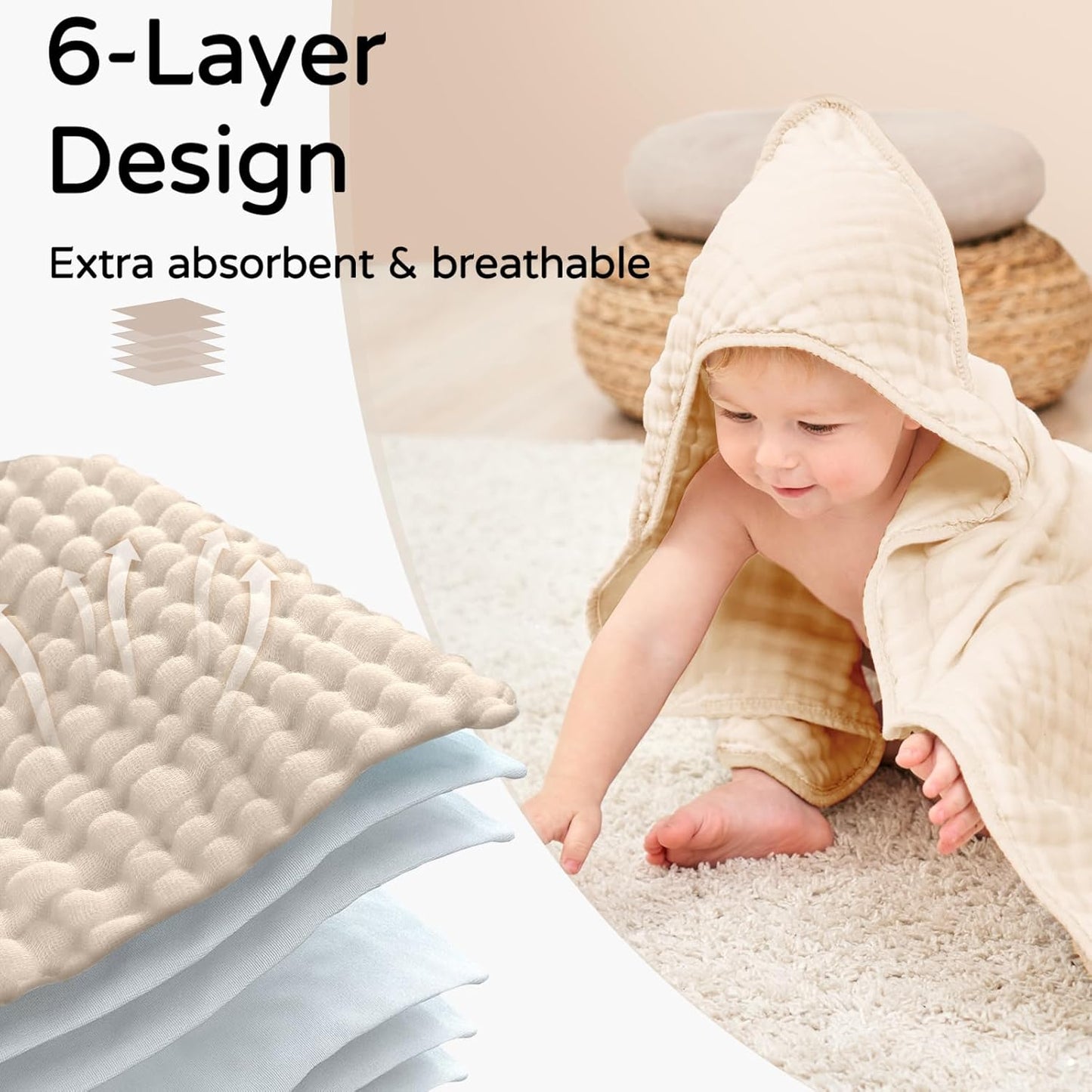 Yoofoss Hooded Baby Towels for Newborn 2 Pack 100% Muslin Organic Cotton Baby Bath Towel with Hood for Babies, Infant, Toddler and Kids, 32x32Inch, Soft and Absorbent Newborn Essential,Apricot&Green