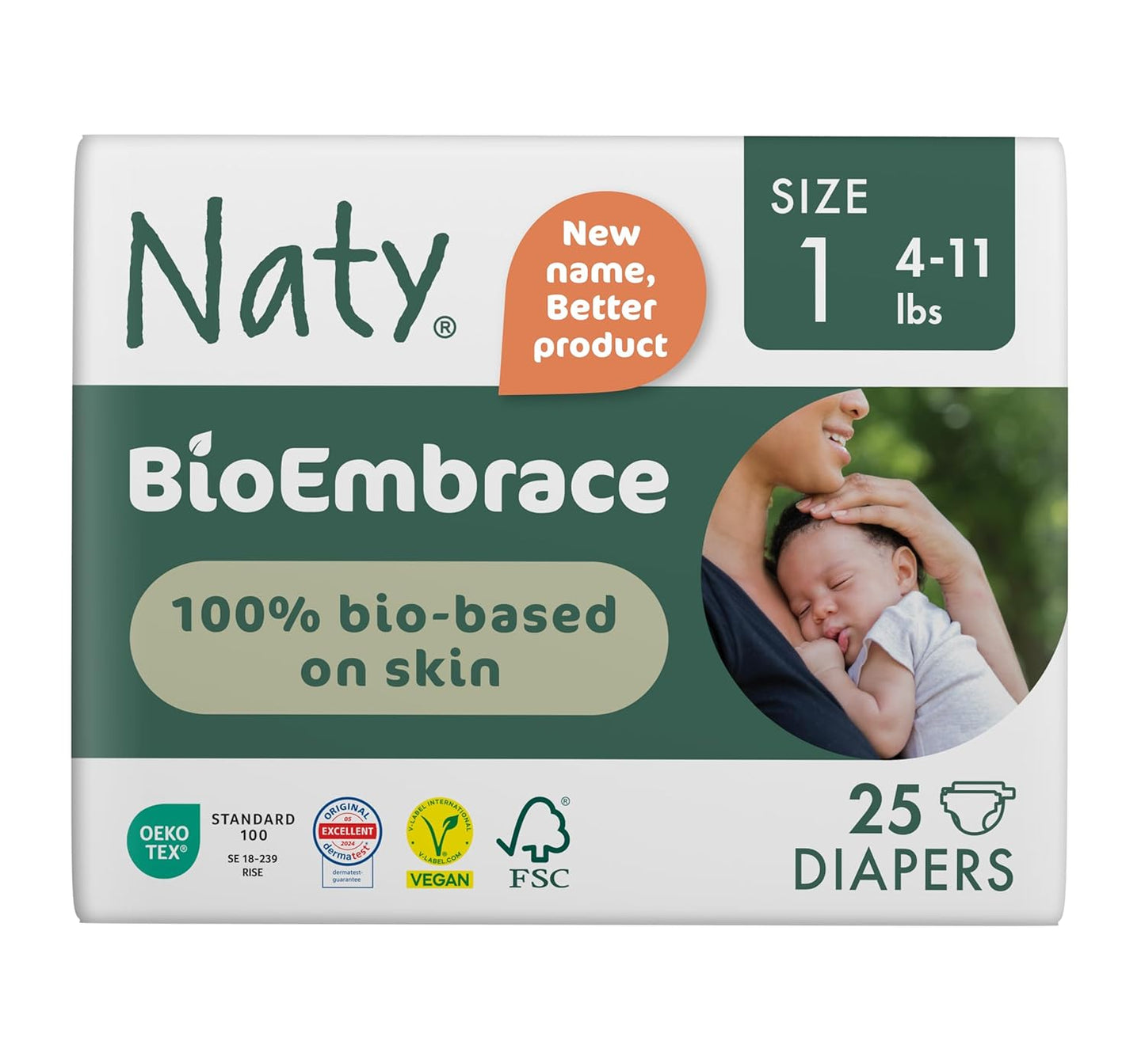 Naty BioEmbrace Baby Newborn Diapers Size 1 (4–11 lbs) | 100% Biobased on Skin | Plant-Based Softness | Dermatologically Tested, Super Absorbent | 25 Count