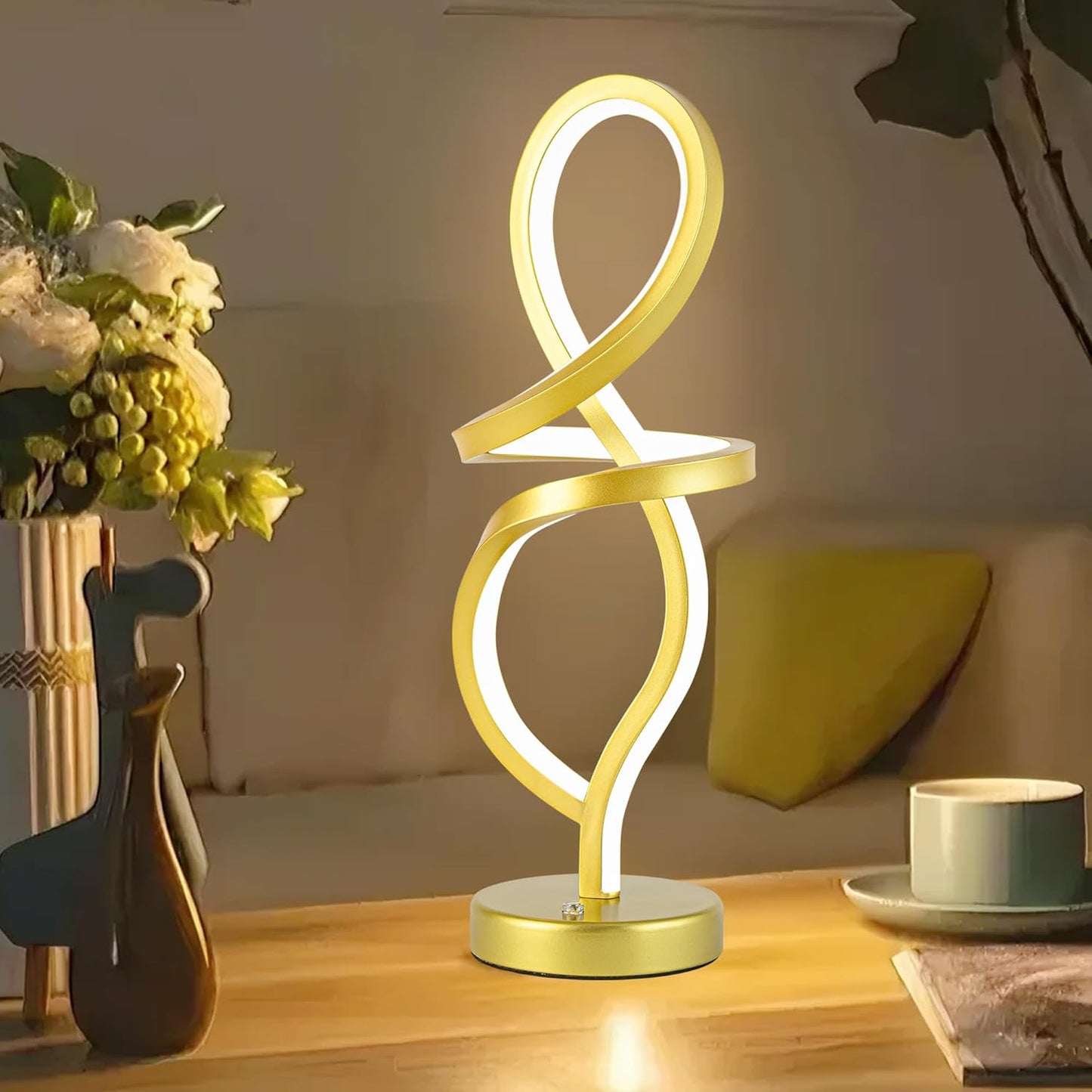 Mayful Modern RGB Table Lamp with LED Spiral Design, Gold Bedside Lamp & Nightstand Lamp, Touch Dimmable with 7 Colors & 10 Modes for Bedroom, Living Room, Home Office, 15W