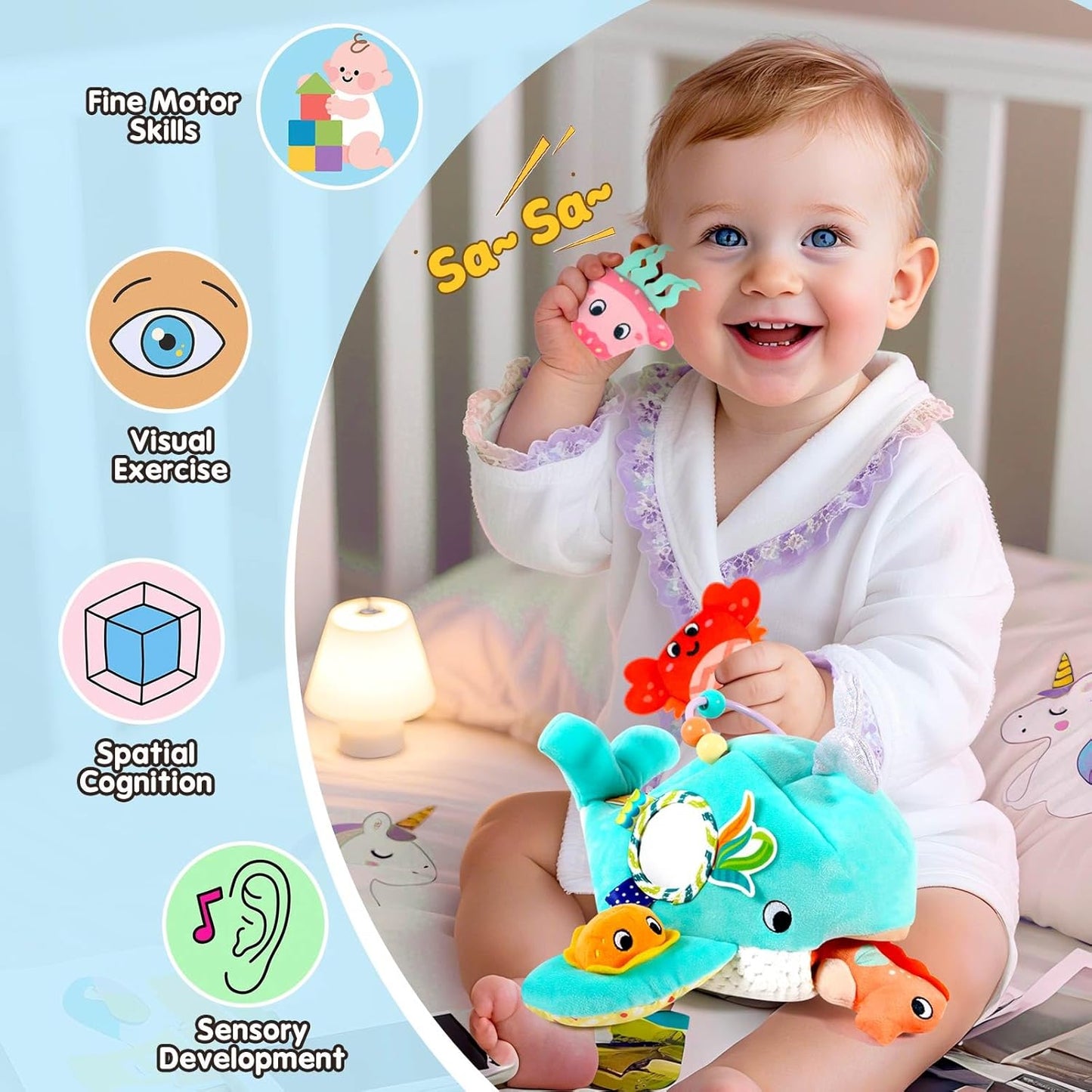 FREYBLI Baby Toys 6-12 Months - Soft Ocean Adventure Toy with Rattle, Crinkle Paper, Squeaker, Mirror - Baby Sensory Montessori Toys for 6 Month Old Developmental, 1 Year Old Boy Girl Gifts Toys