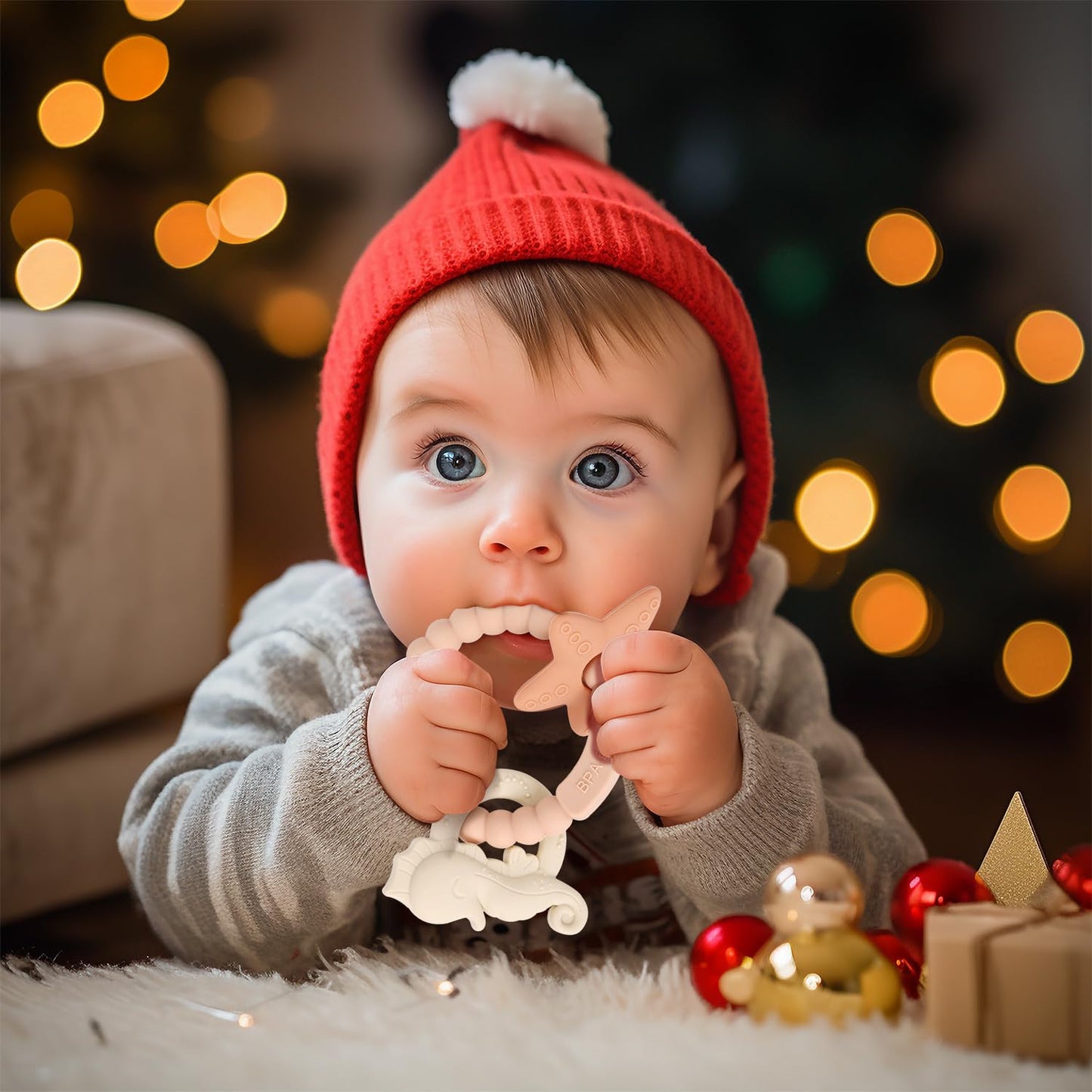 Silicone Teething Ring Toy, Baby Teether Toys with Rattles, BPA Free Sensory Chew Toys for Babies 3-6-12 Months to Soothe Sore Gums, Great Shower, Christmas Gift(Blush)