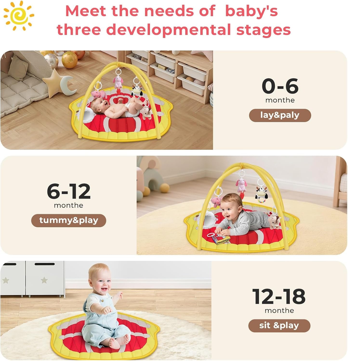 IPOZITO Baby Play Mat with Hanging Rattles, Baby Activity Mat for Sensory Development, Baby Tummy Time Play Mat to Improve Motor Skills and Visual Tracking