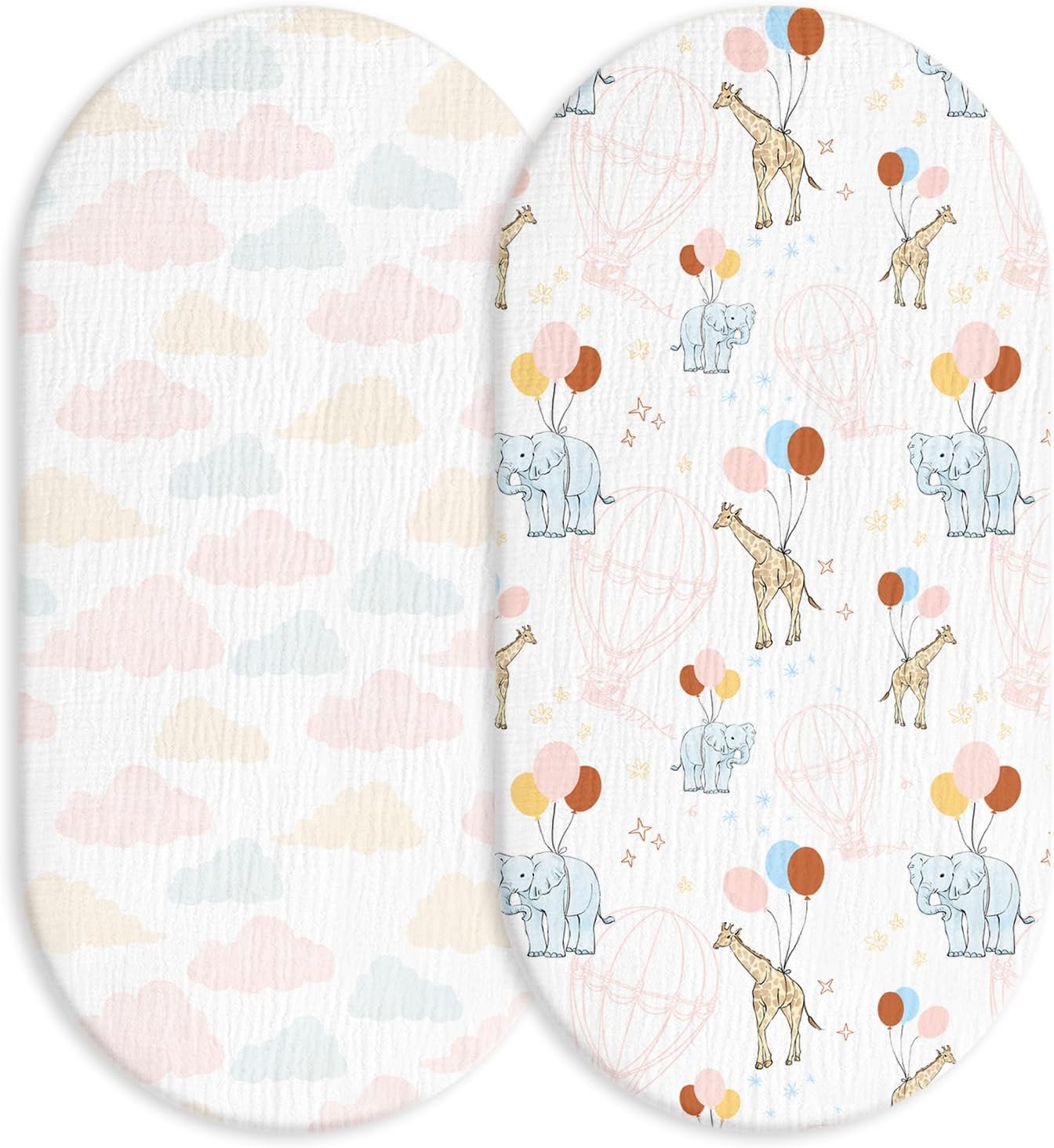 Muslin Bassinet Fitted Sheets, 2 Pack for Baby Boy and Girl, Soft Breathable Baby Pad/Mattress Sheet, Fit for Hourglass Oval and Rectangle Bassinet Mattress (Cute Animals)