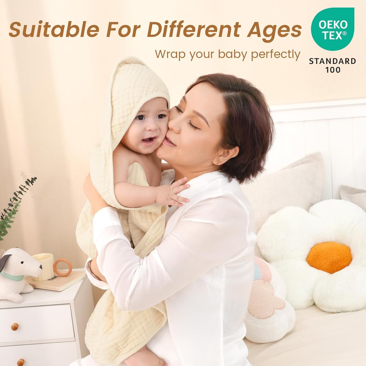 david's kids 2 Pack Hooded Baby Towels, 100% Muslin Cotton 6-Layer Ultra Soft Breathable Absorbent Baby Bath Towels for Infant and Toddler, Newborn Essentials, Large 32x32Inch, Beige & Green