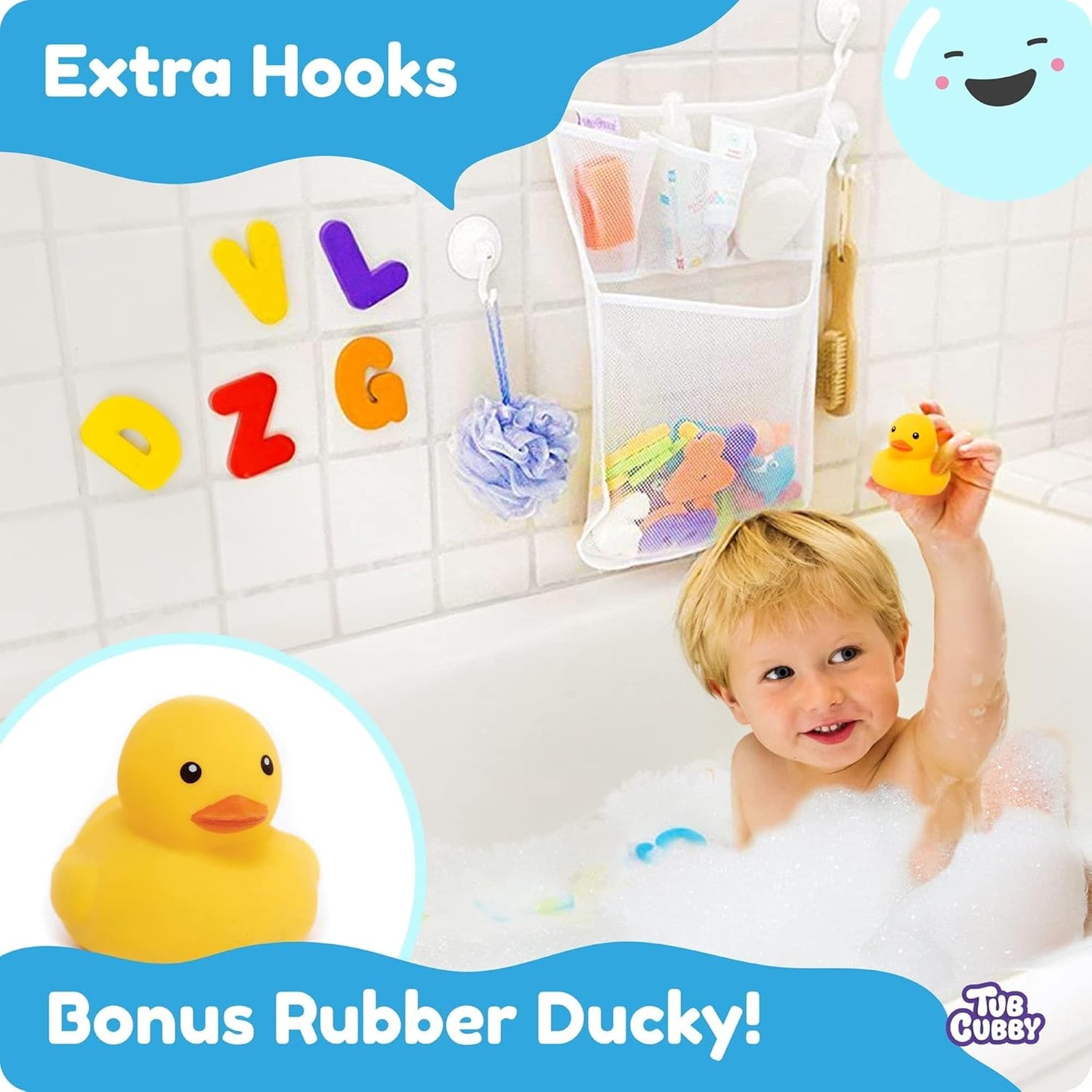 Tub Cubby Bath Toy Storage Organizer | 14"x20" Mesh Shower Caddy | Suction Cup & Adhesive Hooks | Toy Storage Net Organizer | Kids Bathroom Decor, Bedroom & More | Extra Hooks