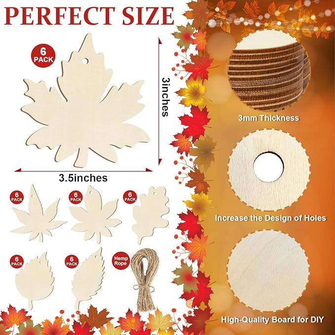 36PCS Wooden Fall Ornaments to Paint Thanksgiving Decorations, 6 Styles DIY