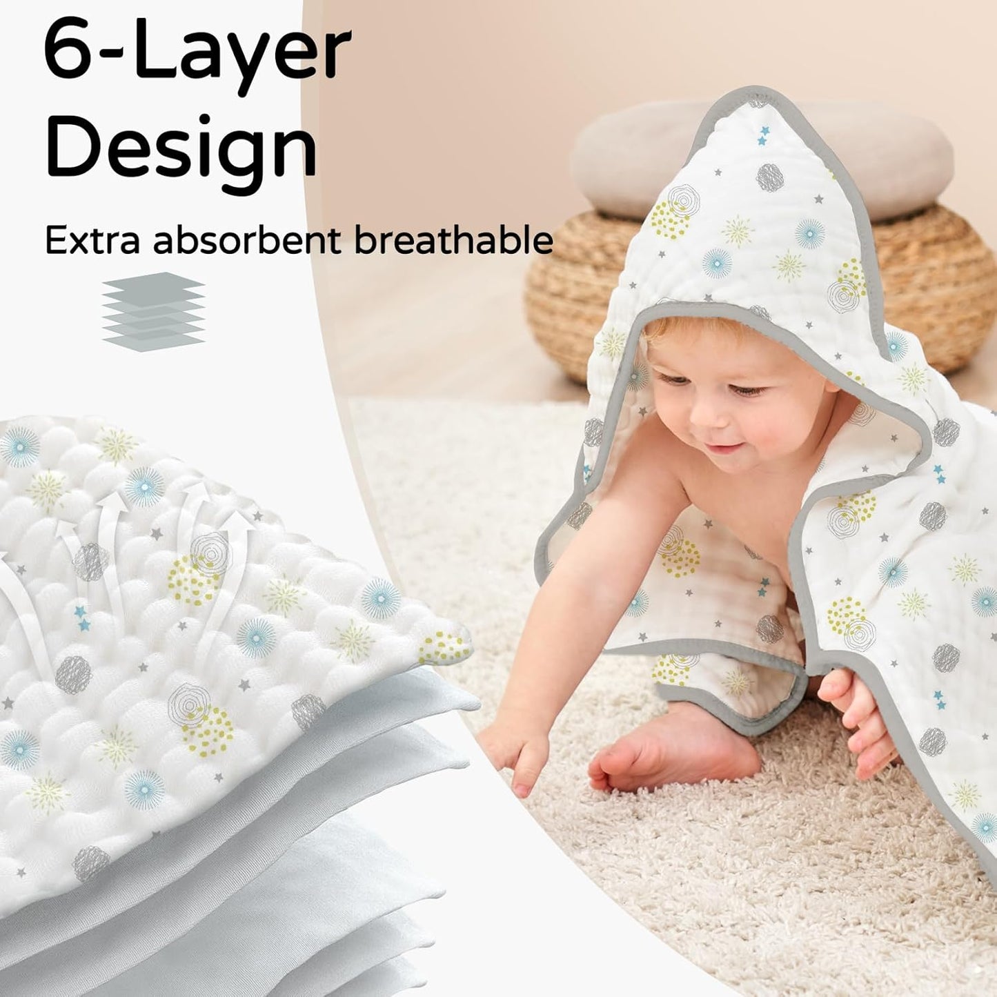 Yoofoss Hooded Baby Towels for Newborn 2 Pack 100% Muslin Organic Cotton Baby Bath Towel with Hood for Babies, Infant, Toddler and Kids, 32x32Inch, Soft and Absorbent Newborn Essential,Grey Flower
