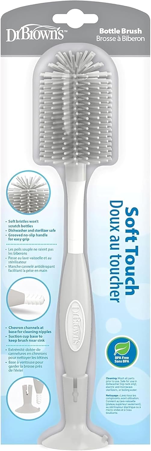 Dr. Brown's Soft Touch No Scratch Baby Bottle Cleaning Brush, Nipple Cleaner & Suction Cup Base for Easy Storage, BPA Free, Gray