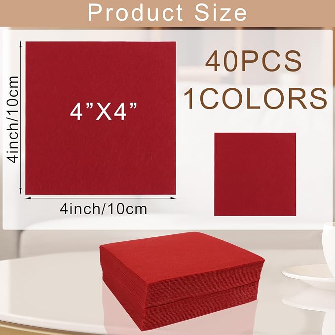 40 Pcs Stiff Felt Fabric Sheet for Crafts, 1mm Thick and 4”x 4”Red Felt Fabric