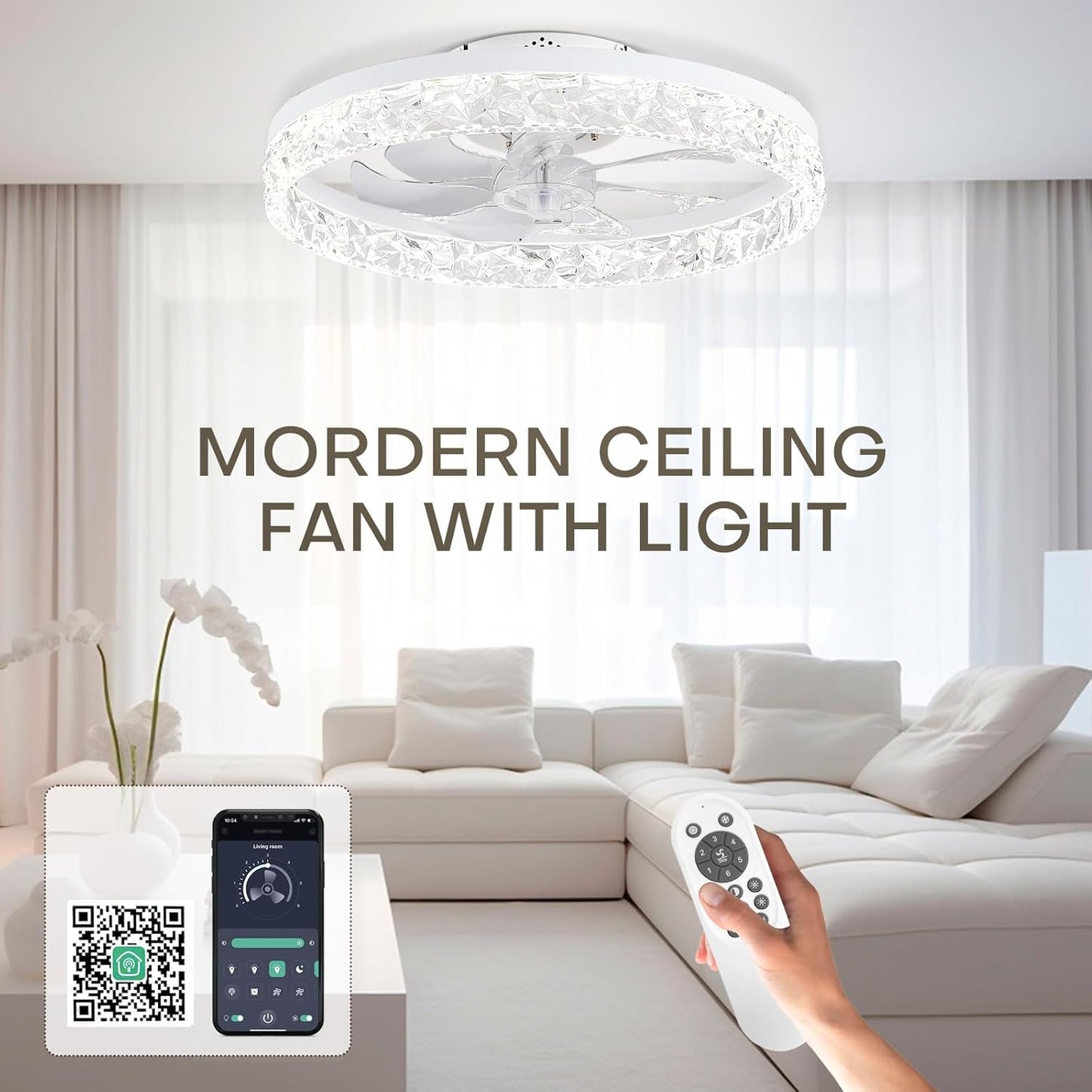 STERREN Ceiing Fan with Light, 19.7'' Low Profile Crystal Ceiling Fan with Remote Control, Modern Flush Mount LED Ceiling Fans, Bladeless White Fandelier for Bedroom, Living Room, Kitchen