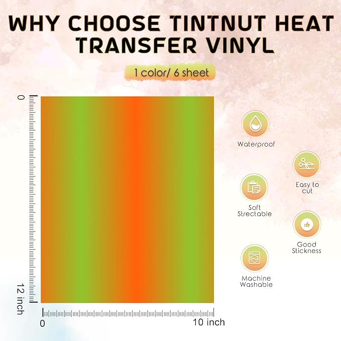Tintnut Orange Green Gradient Heat Transfer Vinyl, Ombre pattern PU HTV Sheets