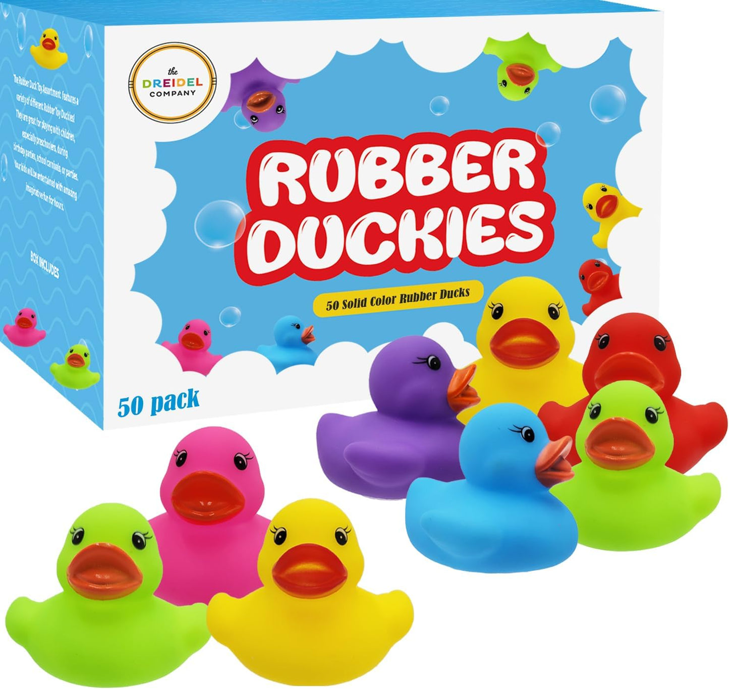 The Dreidel Company Classic Rubber Duck Toy Duckies for Kids, Six Solid Colors, Bath Birthday Gifts Baby Showers Classroom Summer Beach and Pool Activity, 2" (50-Pack)