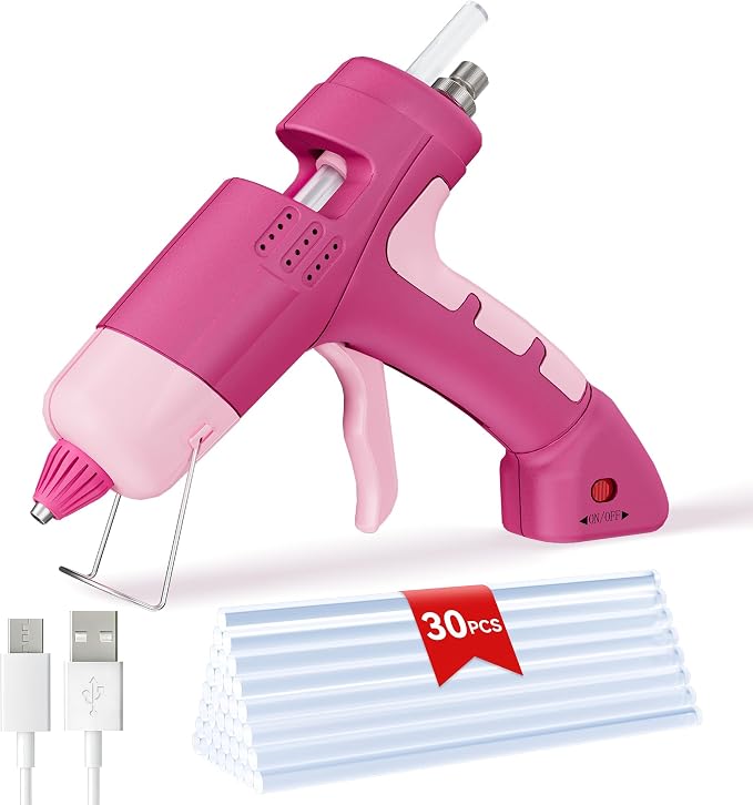 20W Cordless Hot Glue Gun with 30 Sticks Set, Rechargeable Pink Mini Glue Gun
