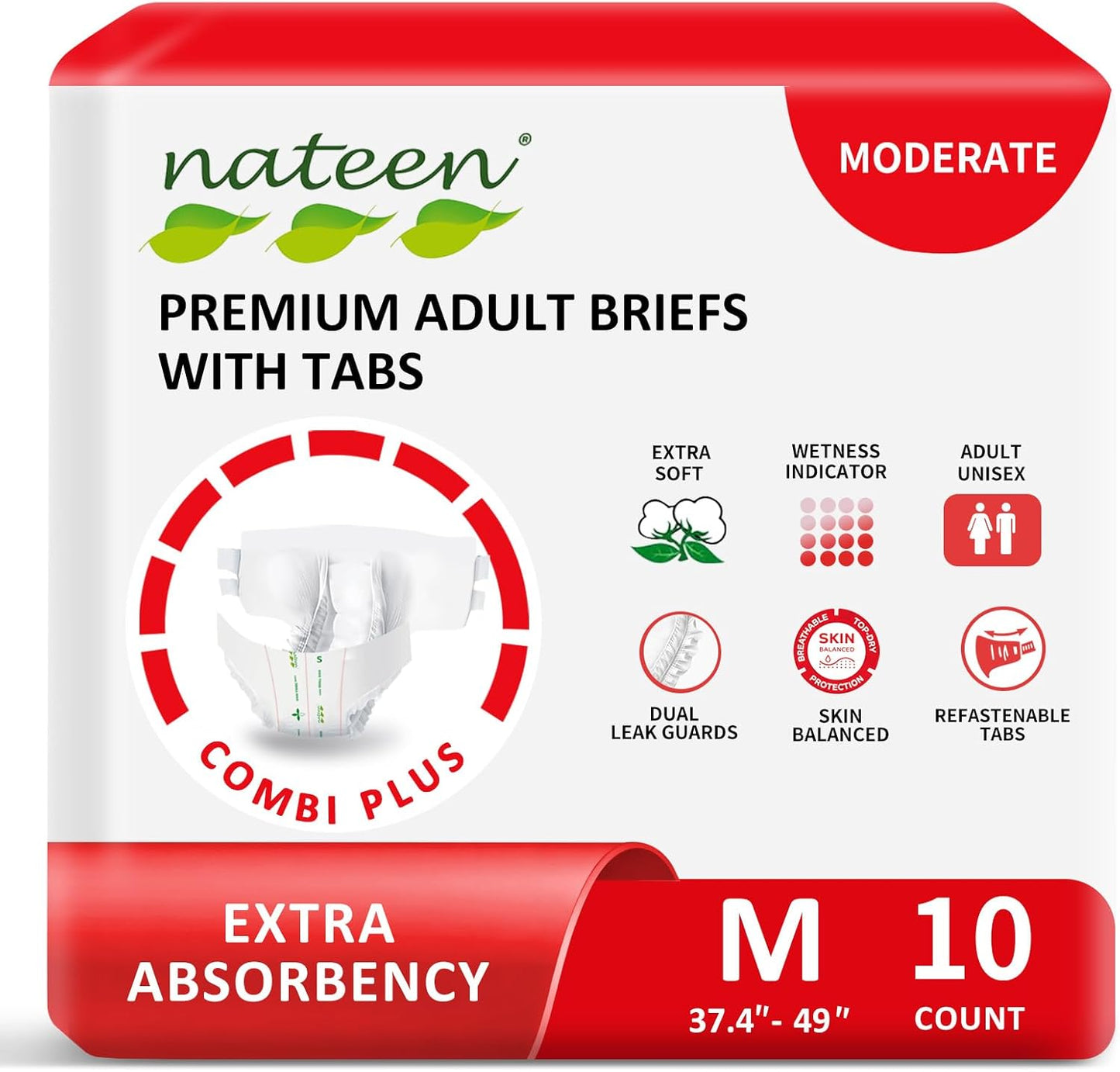 Nateen Combi Plus Adult Diapers with Tabs for Women and Men, Extra Absorbency Disposable Incontinence Briefs, Leakproof and Skin-Friendly Incontinence Underwear.Medium, 10Count