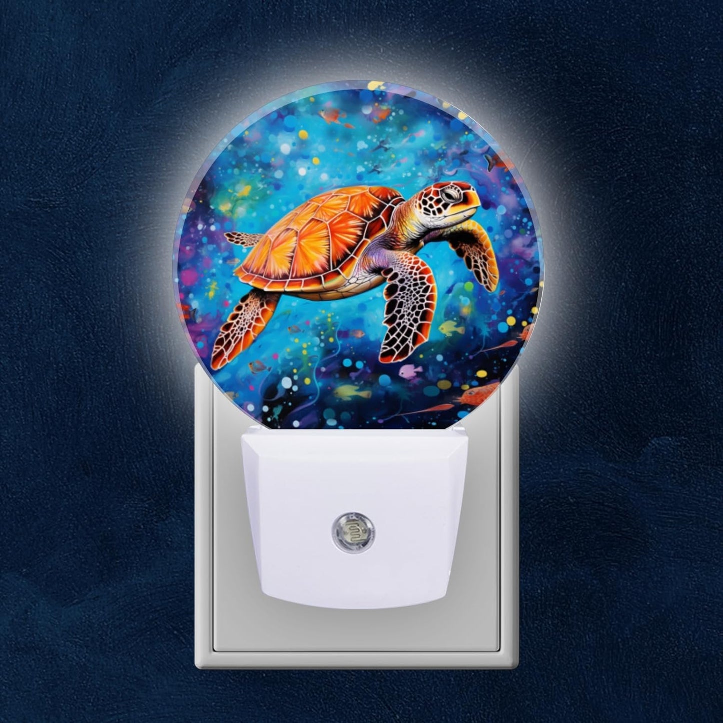 Round LED Night Lights Lamp with Dusk to Dawn Sensor, Orange Sea Turtle Swimming Gracefully Night Light Plug Into Wall for Kids Room, Bedroom, Bathroom, Kitchen, Hallway