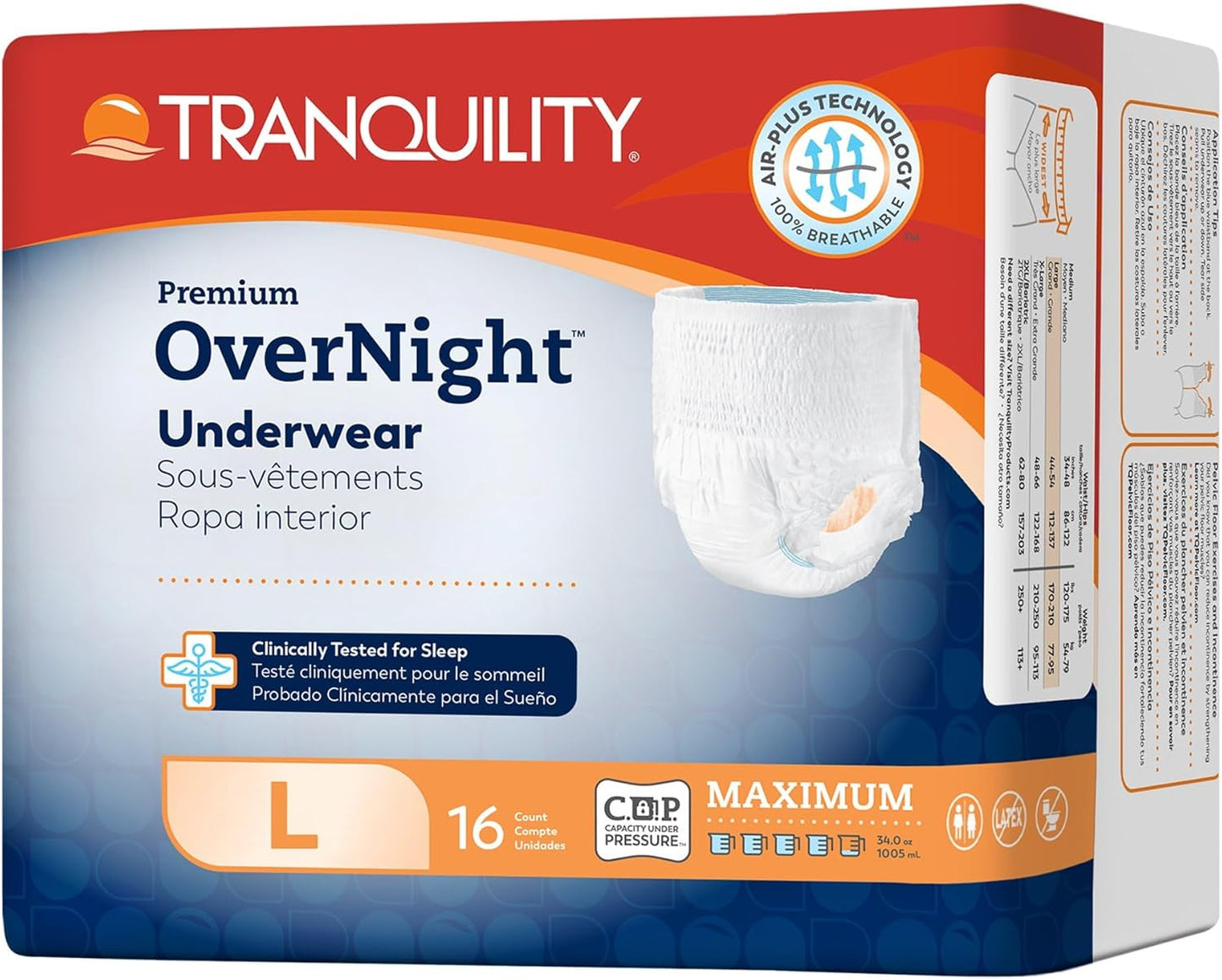 Tranquility Premium OverNight Disposable Absorbent Underwear (64 Count) - L, 44-54 in. Waist - Maximum Absorbency, All-Night Sleep, Breathable Comfort, 64 Adult Diapers