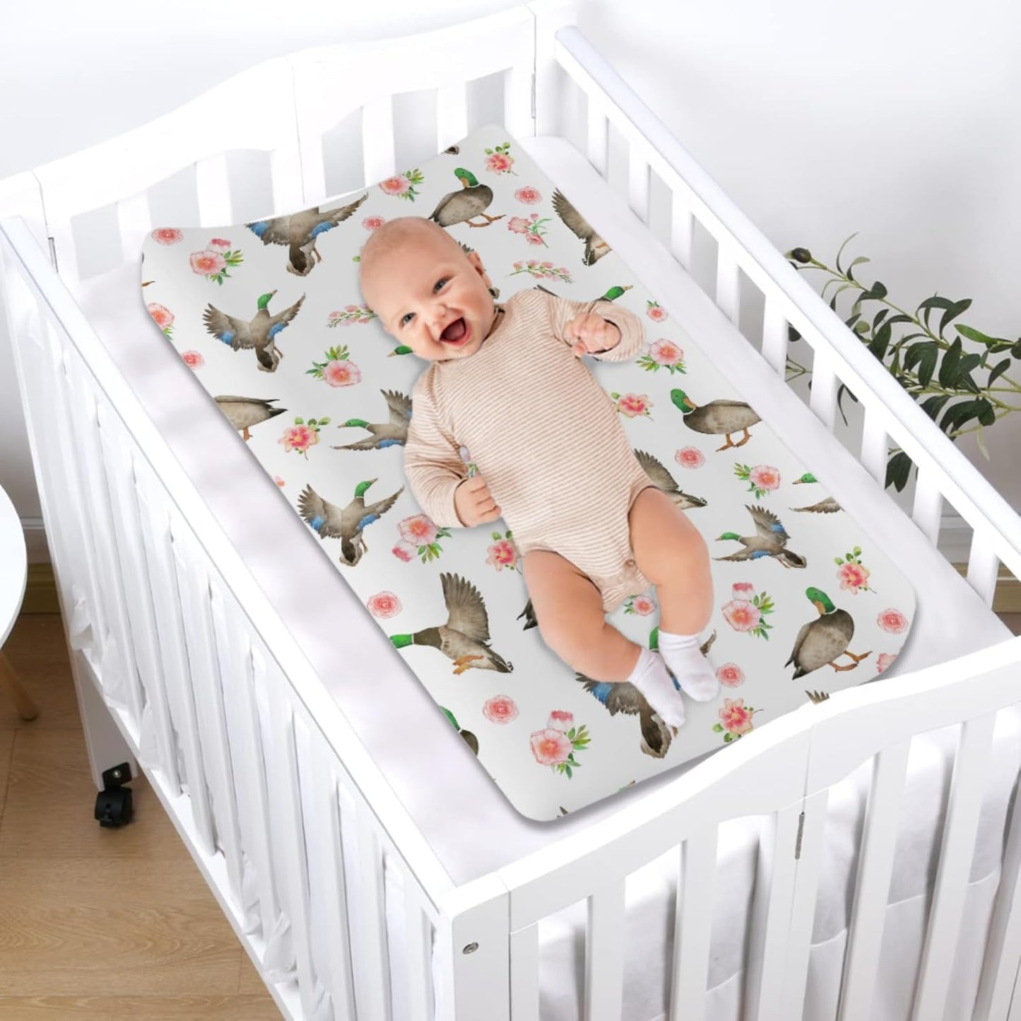 Baby Hunting Wild Duck Boho Floral Changing Pad Covers for Boy Girl 32''x16'' Mallard Ducks Flowers Unisex Fitted Changing Table Sheets Comfort Soft Breathable Baby Diaper Changing Table Mats
