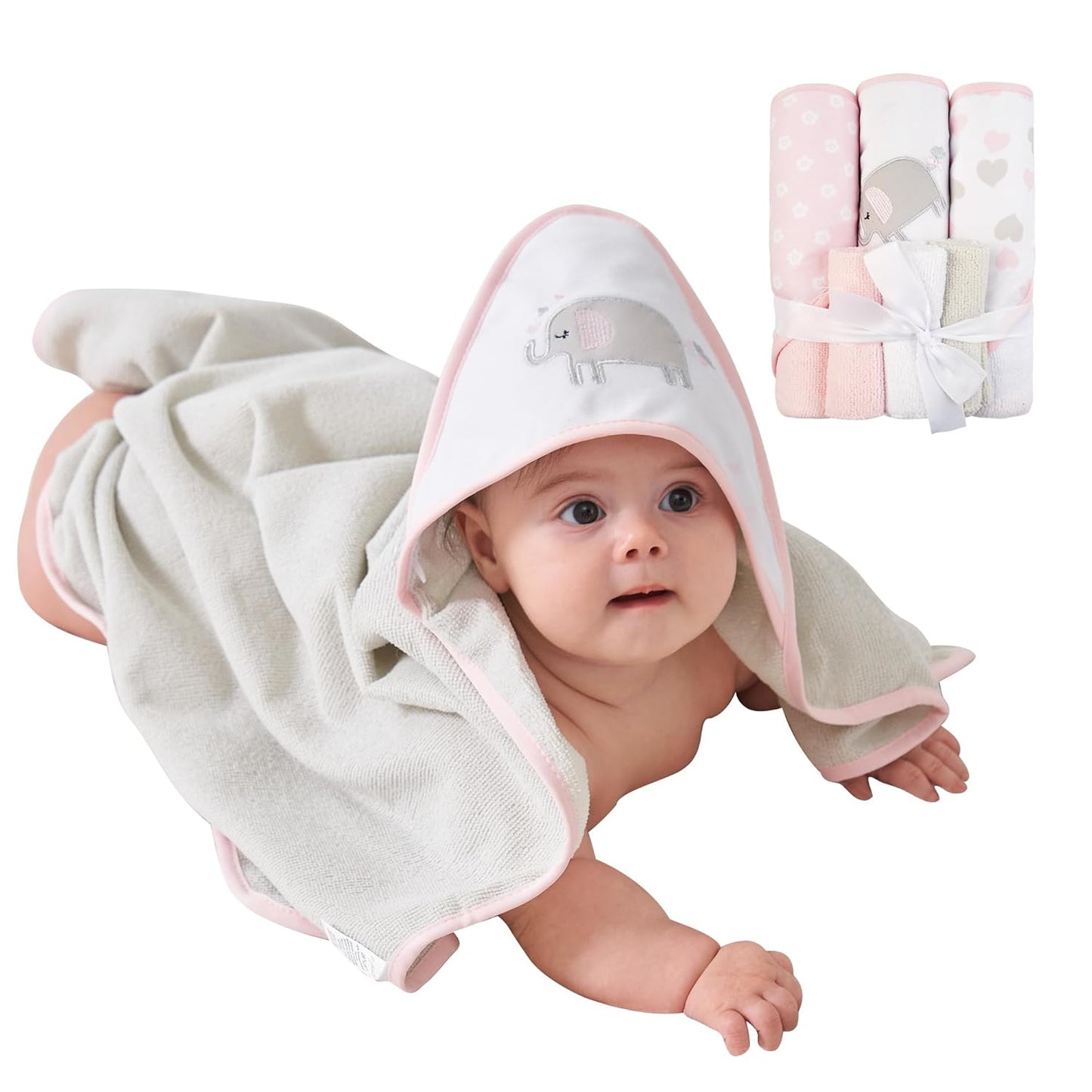 Viviland Baby Towels and Baby Wash Cloths Set Hooded Baby Towels Baby Wipes Absorbent Bath Face Towels Burp Cloths or Face Towels for Girl Boy 6-Pack Size 28 x 28 Inch(Elephant)