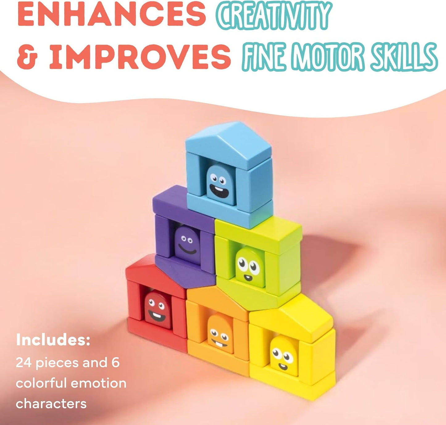 CUBIKA Wooden Construction Set Colorful Houses – 24-Piece Construction Play Set with Emotion Characters for Toddlers 2+– Montessori Toy for Creativity, Cognitive Development, and Emotion Recognition