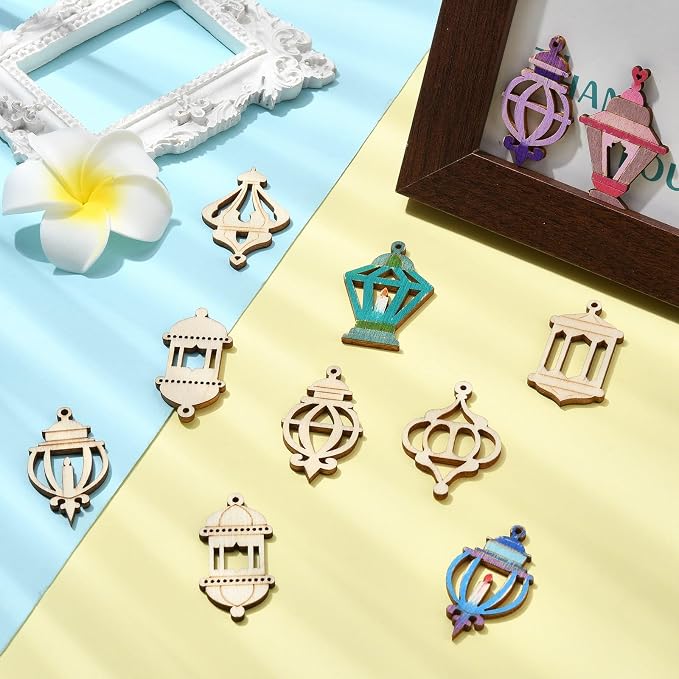 200 pcs Mixed Styles Hollow Lantern Theme Undyed Wood Cutout Charms Pyrography