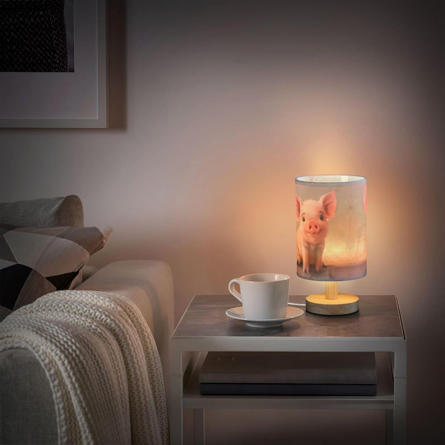 Table Lamp Cute Pink Pig Farm Animal Nightstand Lamp with Wood Base Fabric Lamp Shade Bedside Desk Lamp for Living Room Bedroom Kids Room Office