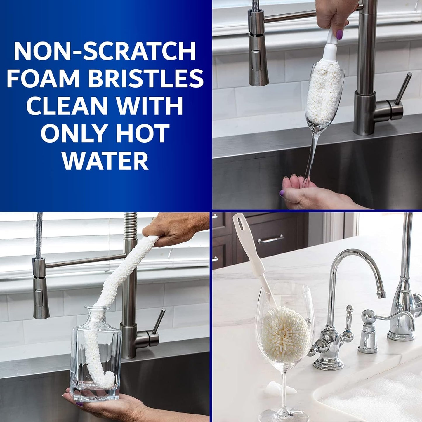 Set of 3 Glassware Cleaning Brush Kit - Non-Scratch, Foam Wine Glass Cleaning Brush Set for Glassware, Decanter, Mug, Stemware - for Home, Restaurant, Bar, Hotel - by FryOilSaver Co.