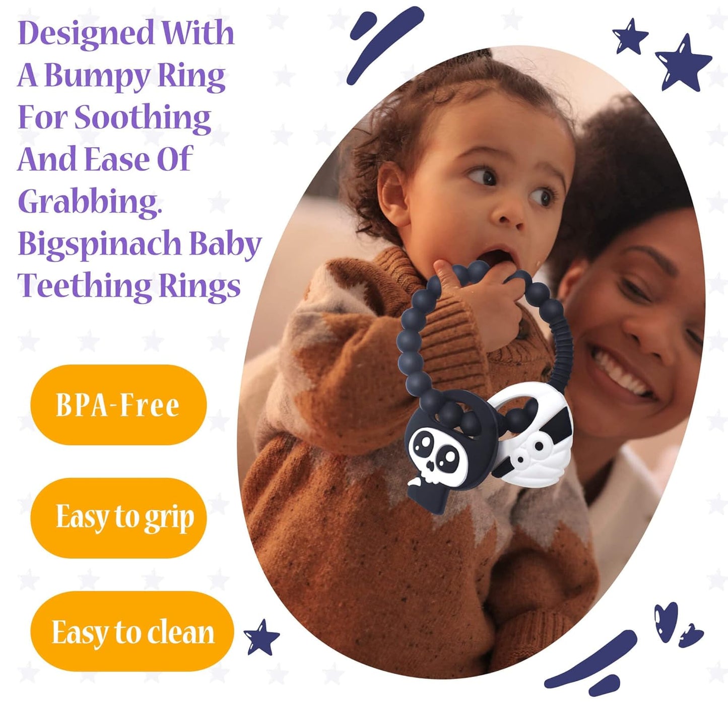 Mummy Teether and Cute Grim Reaper Ring Teether Halloween Activities Designed with a Bumpy Ring for Soothing and Ease of Grabbing