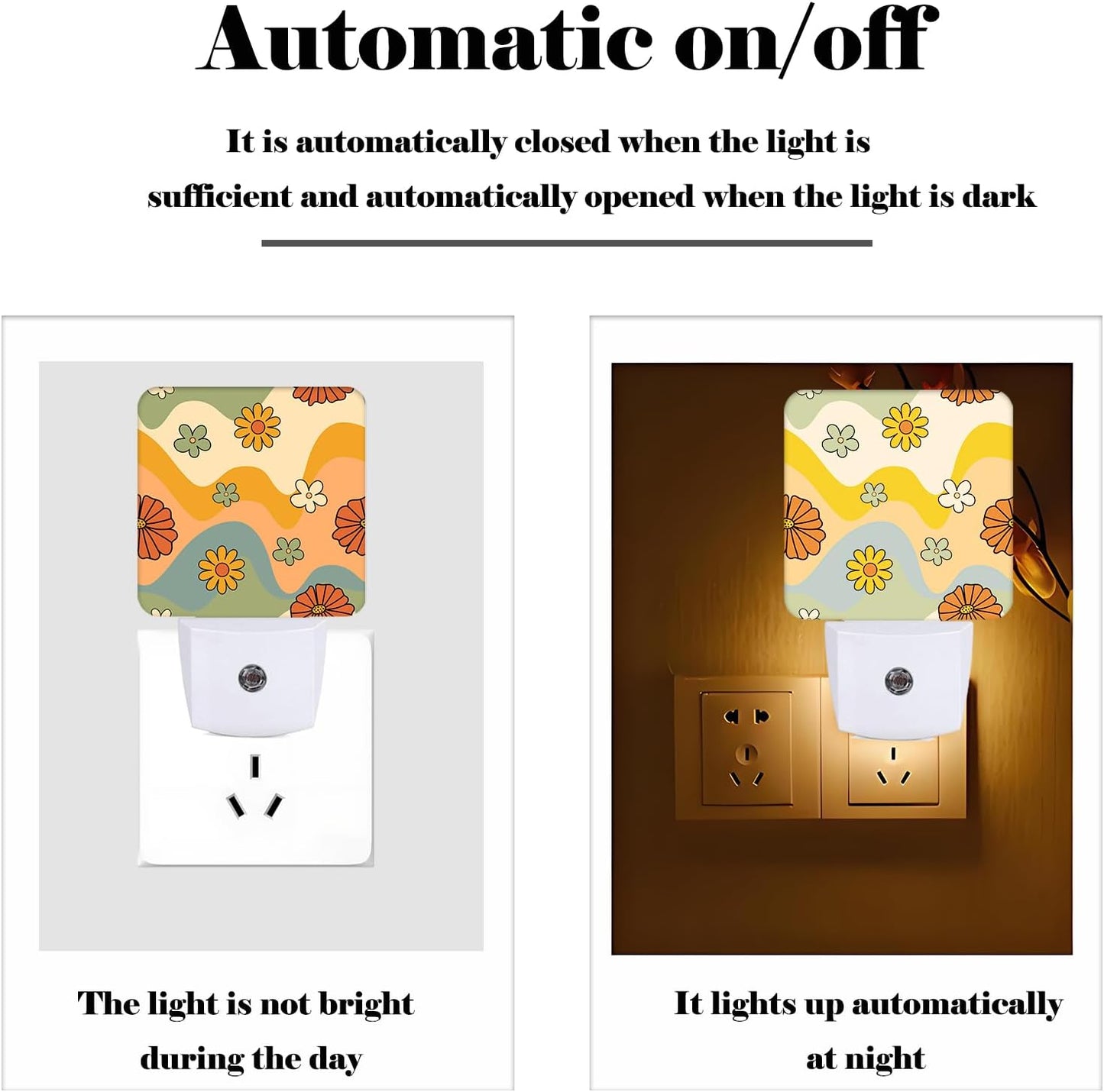 Waves and Floral Night Light,Plug Into Wall for Boys Girls Bedroom Decorative Square Night Light Lamp 0.5w Sleep Friendly